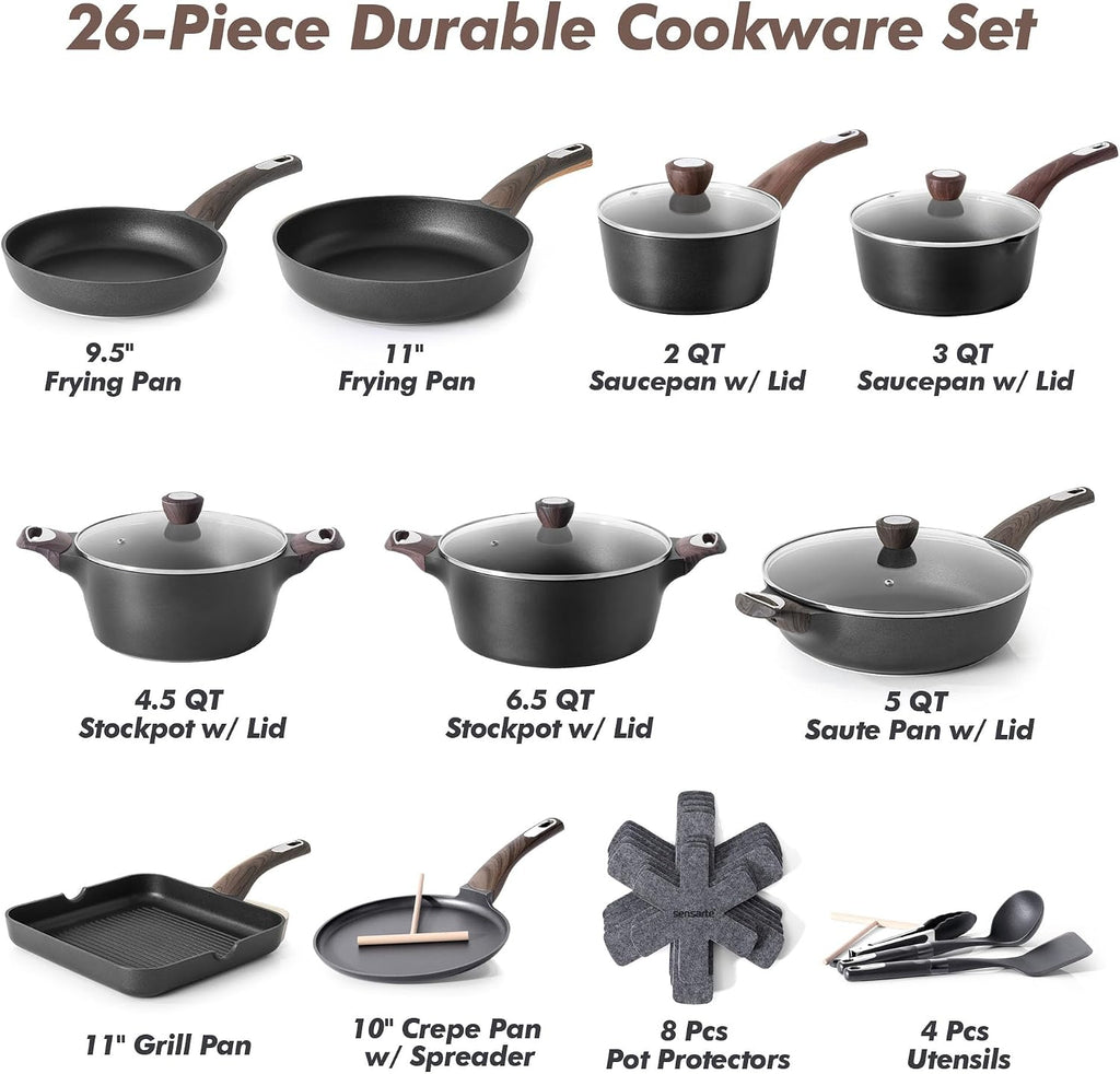 SENSARTE Pots and Pans Set Non stick, Non toxic Healthy Induction Cookware Sets, 26 Pcs Nonstick Kitchen Cooking Set, w/Frying Pans Set, Saucepans Set, Stockpots Set, PFOA PFOS Free, Black