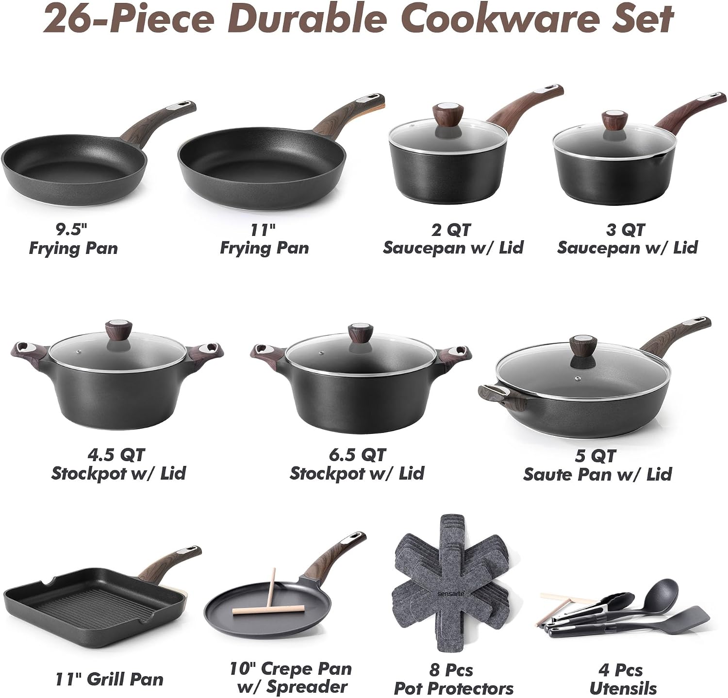 SENSARTE Pots and Pans Set Non stick, Non toxic Healthy Induction Cookware Sets, 26 Pcs Nonstick Kitchen Cooking Set, w/Frying Pans Set, Saucepans Set, Stockpots Set, PFOA PFOS Free, Black