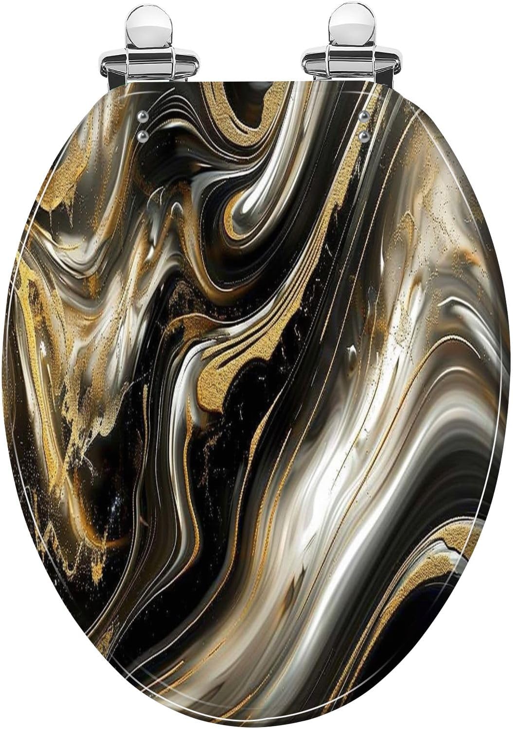 Elongated Toilet Seat Abstract luxury marble Modern 3d Gold black colors Art Resin Toilet Seat Easy to Install Quietly Close Quick Release Hinges Decorative Toilet Seat with Cover