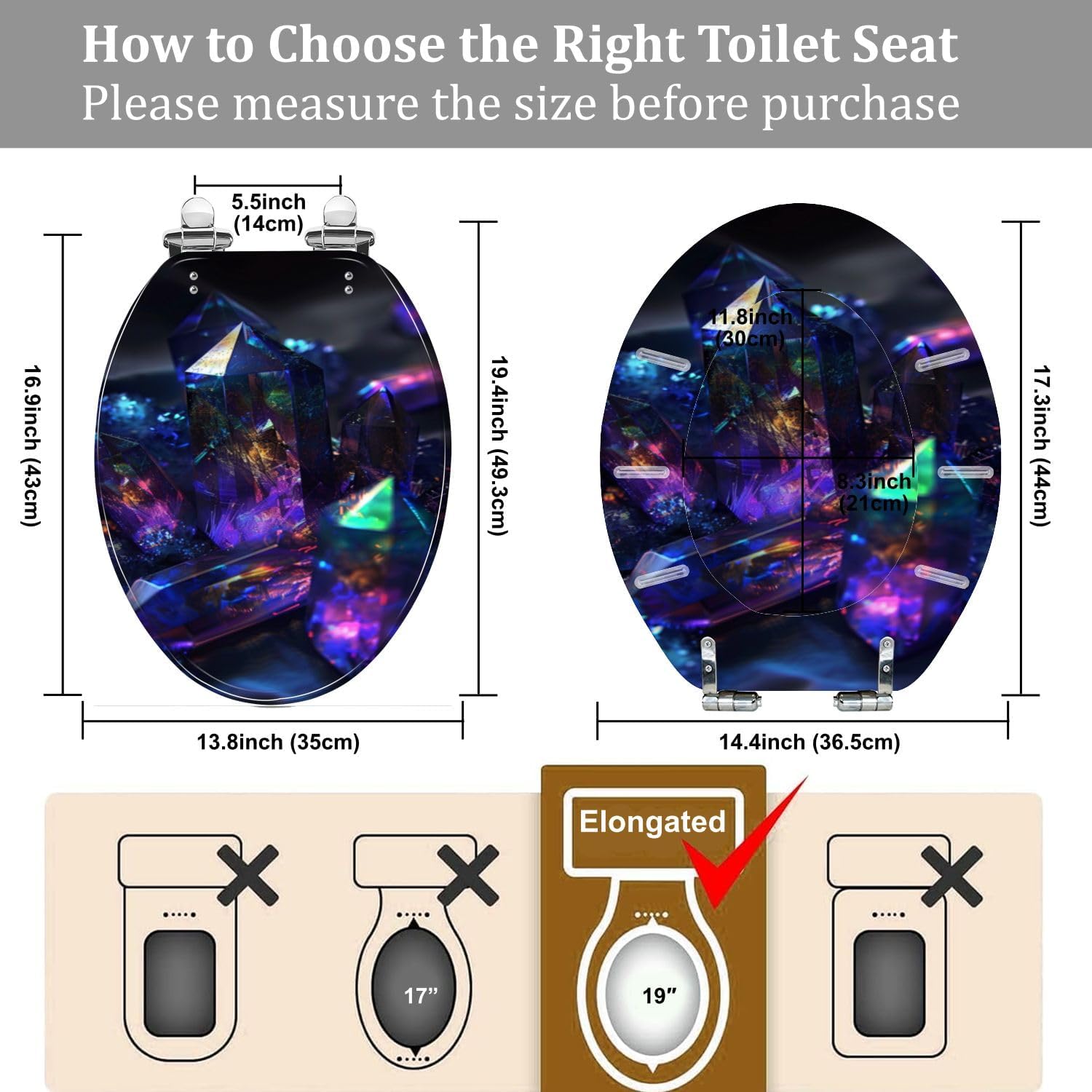 Elongated Toilet Seat Dark Background AYSt Quartz Facets Internal Glow Resin Toilet Seat Quietly Close Quick Release Hinges Decorative Toilet Seat with Cover Easy to Install