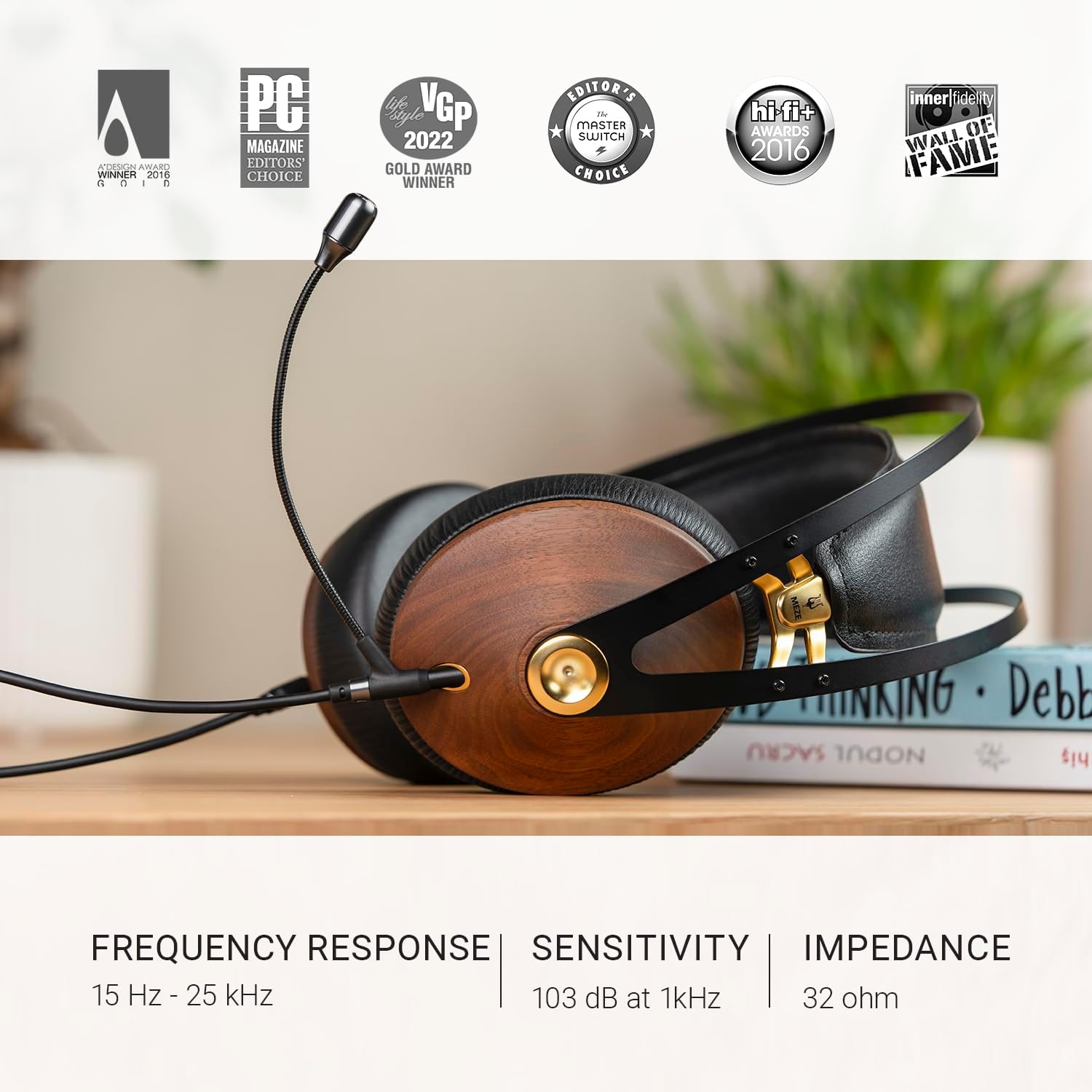 MEZE AUDIO | 99 Classics Walnut Gold | Wooden Closed-Back Headphones for Audiophiles | Gaming | Podcasts | Home Office | Wired Over-Ear Headphones with Mic and Self Adjustable Headband (Renewed)