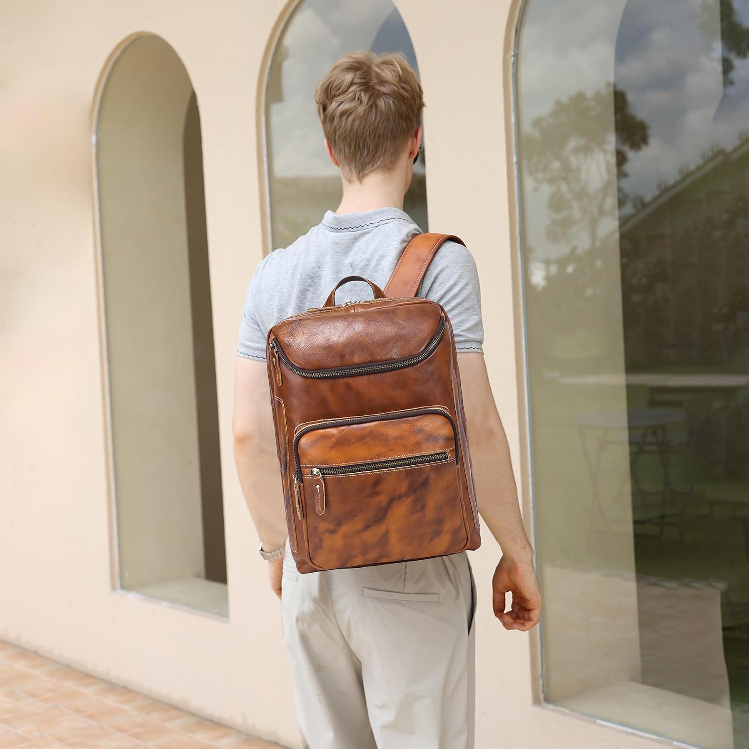 LANNSYNE Vegetable Tanned Leather Backpack For Men, 15.6' Leather Laptop Backpack Hiking Travel Bag Camping Rucksack