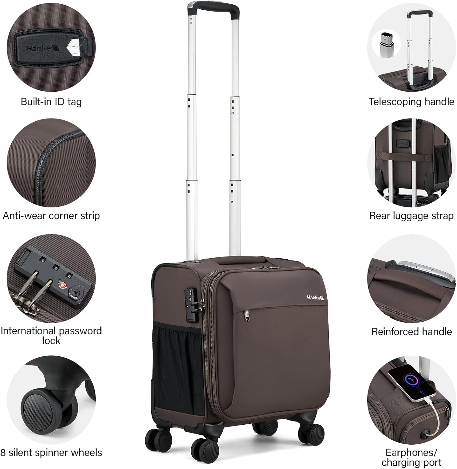 Hanke 16 Inch Underseat Carry On Luggage with Wheels Small Suitcase Softside Luggage Bags for Travel Lightweight Suitcases with Wheels Travel Luggage Personal Item for Men and Women.(Coffee)