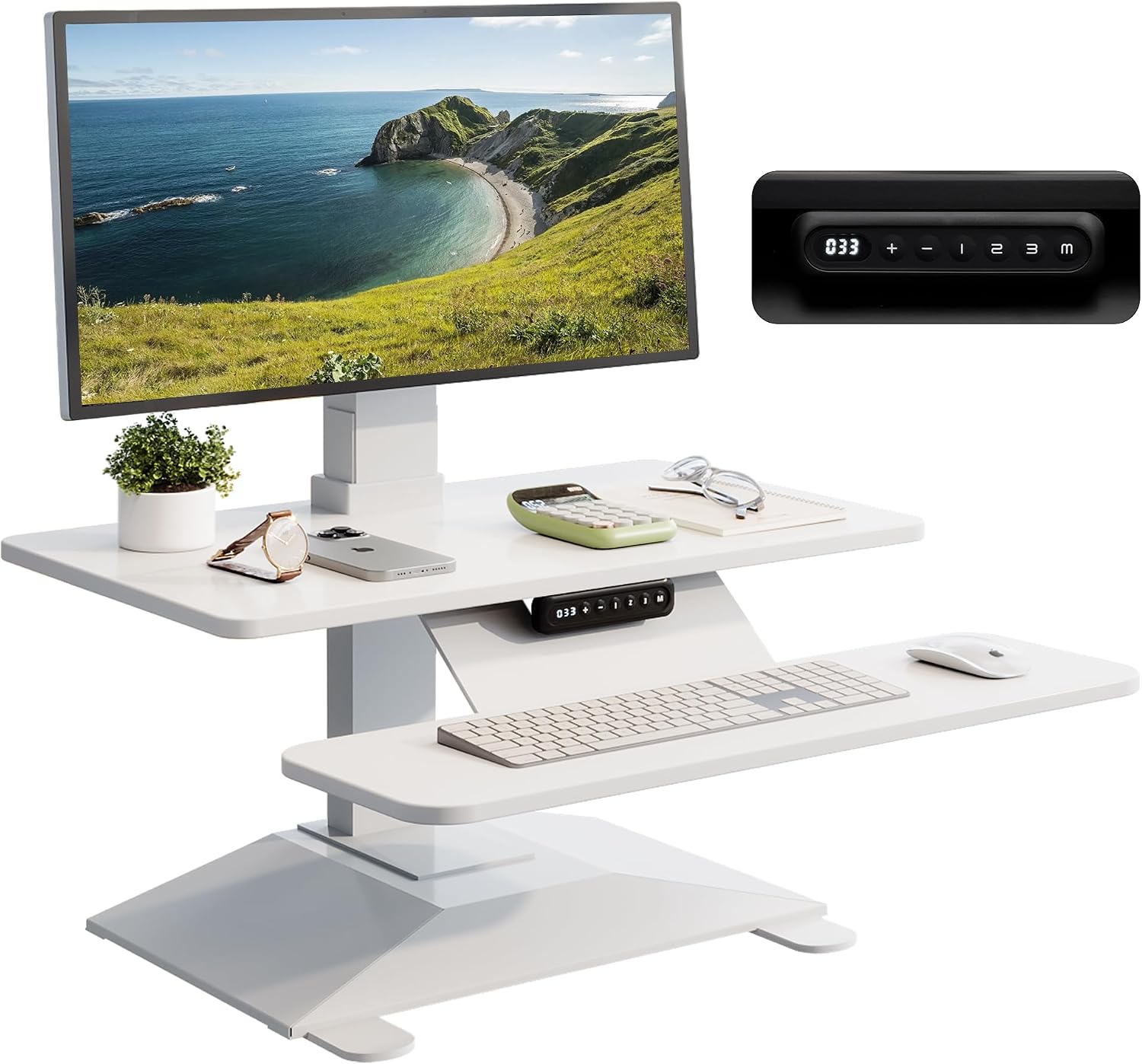 Electric Standing Desk Converter 28' Wide, Height Adjustable Desk Riser, Computer Workstation, Sit-Stand Convertor for Home, Office, School (White, 1 Arm Included)