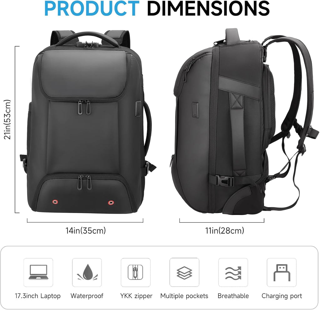 Carry On Backpack,17.3' Travel Backpack with Shoe Compartment,50L Wheeled Backpack Carry On Luggage,Laptop Compartment & USB Charging Port & TSA Approved Lock for Business,Black