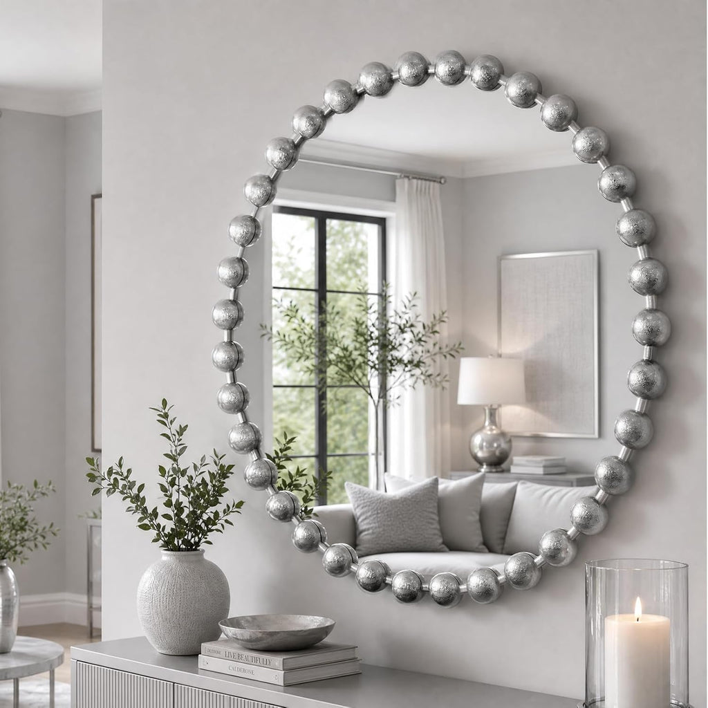 Madison Park Round Mirror, Metal Frame Circle Mirror 36 inch, Wall Art Decor Mounted Hanging for Entryway, Bathroom, hallway, Living Room, Vanity, Marlowe, Silver