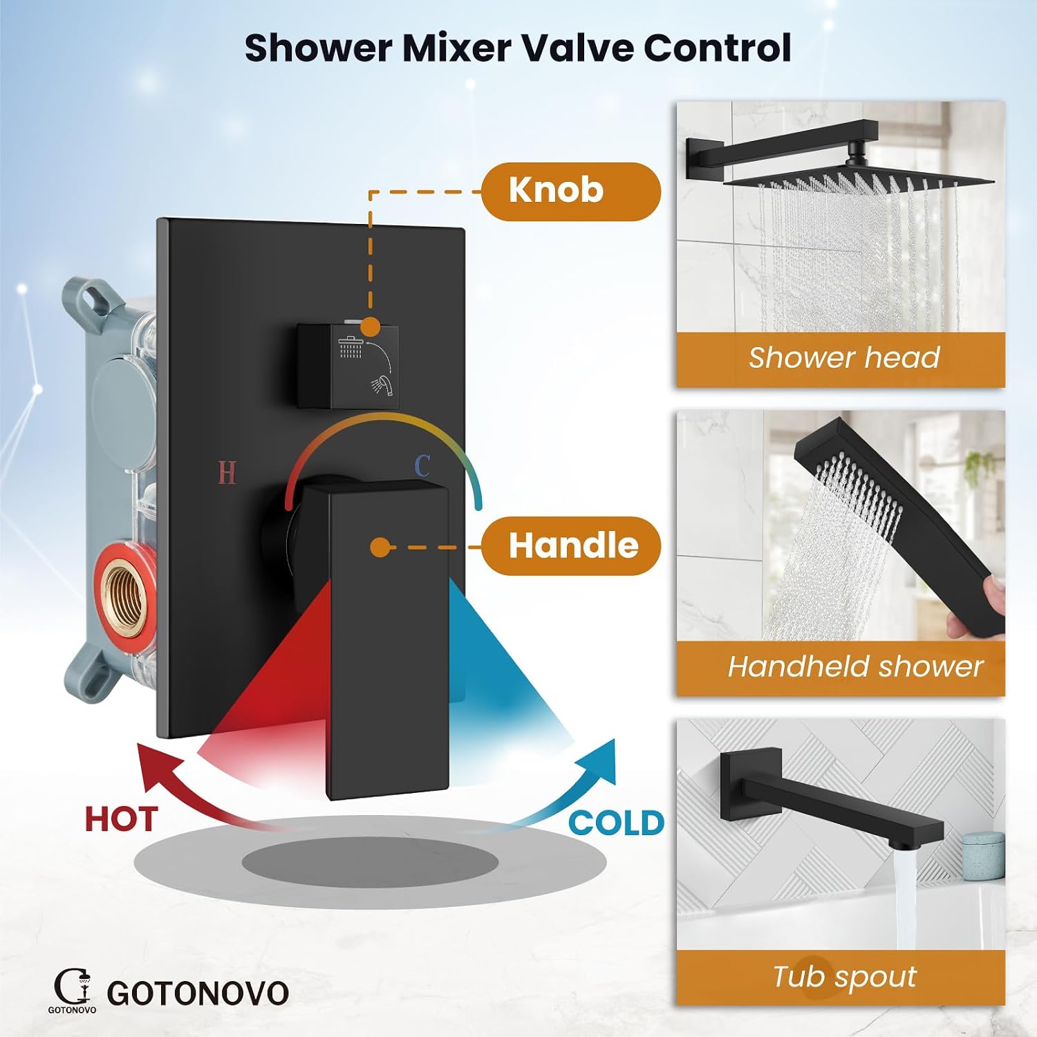gotonovo Shower System with Tub Spout Wall Mounted Rain Shower Head and Handle Combo Shower Faucet Set with Valve, 12 Inch, Matte Black