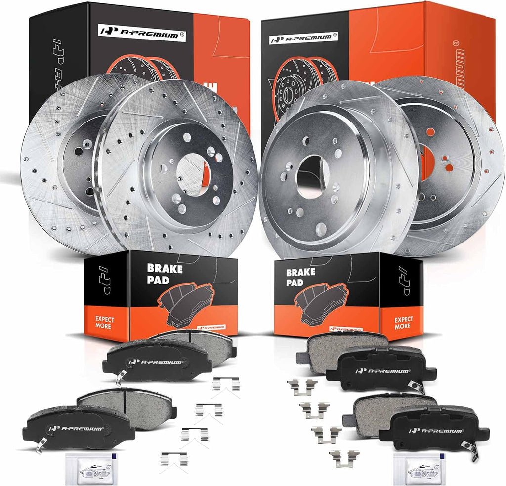 A-Premium Front and Rear Drilled and Slotted Disc Brake Rotors + Ceramic Pads Kit Compatible with Select Honda Models - Pilot 2003 2004 2005 2006 2007 2008, 12-PC Set