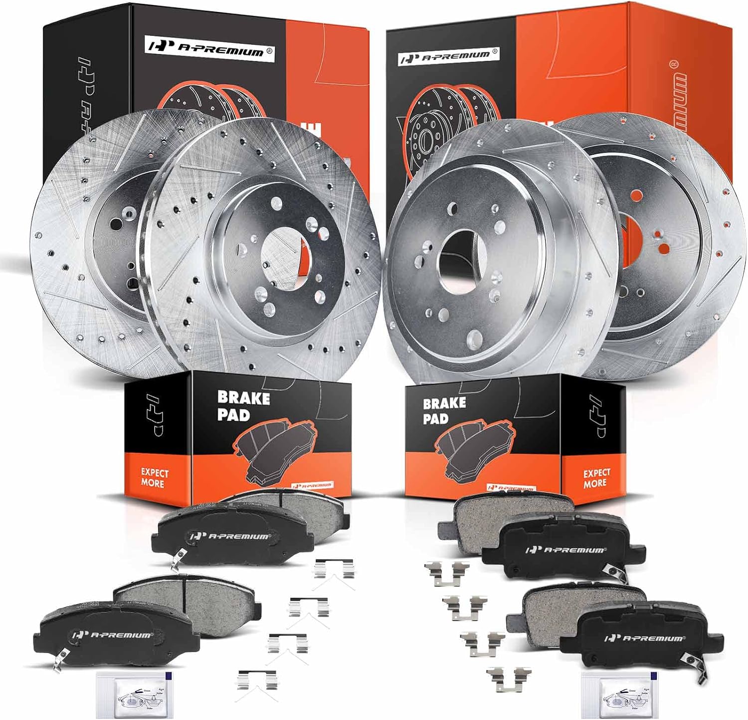 A-Premium Front and Rear Drilled and Slotted Disc Brake Rotors + Ceramic Pads Kit Compatible with Select Honda Models - Pilot 2003 2004 2005 2006 2007 2008, 12-PC Set