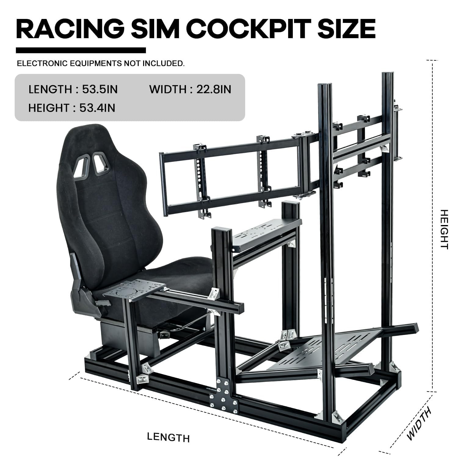 Anman Aluminum Profile Racing Simulator Cockpit with Triple Monitor Mount Black Seat, Fit for Logitech, for Thrustmaster, for Fanatec Direct Drive Steering Wheel,Multi Adjustable Universal cockpit