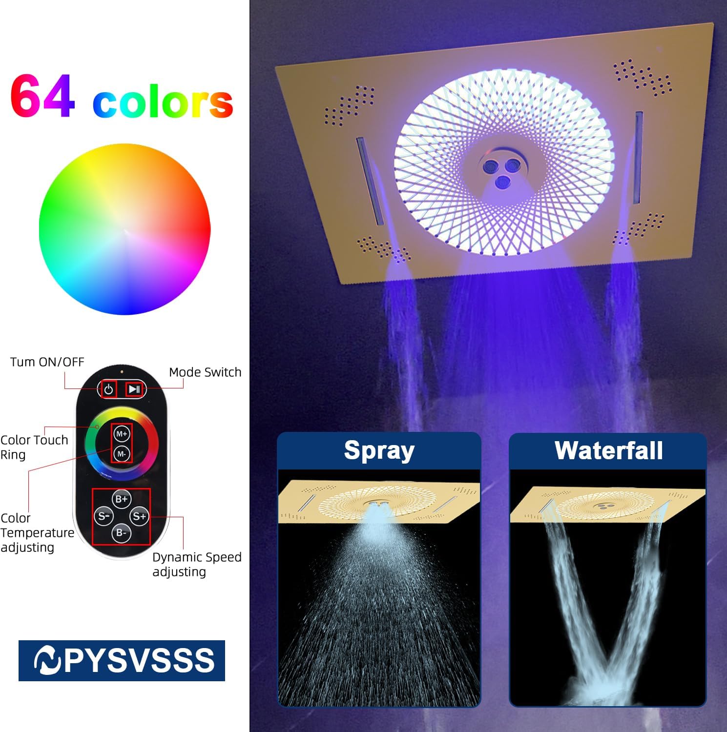 24x16 inch LED Shower head, 2 Function Stainless Steel Rectangle Waterfall And Mist Ceiling Mount Shower Head, 600 * 405mm Spray Waterfall Shower Head with Remote Control, Brushed Gold
