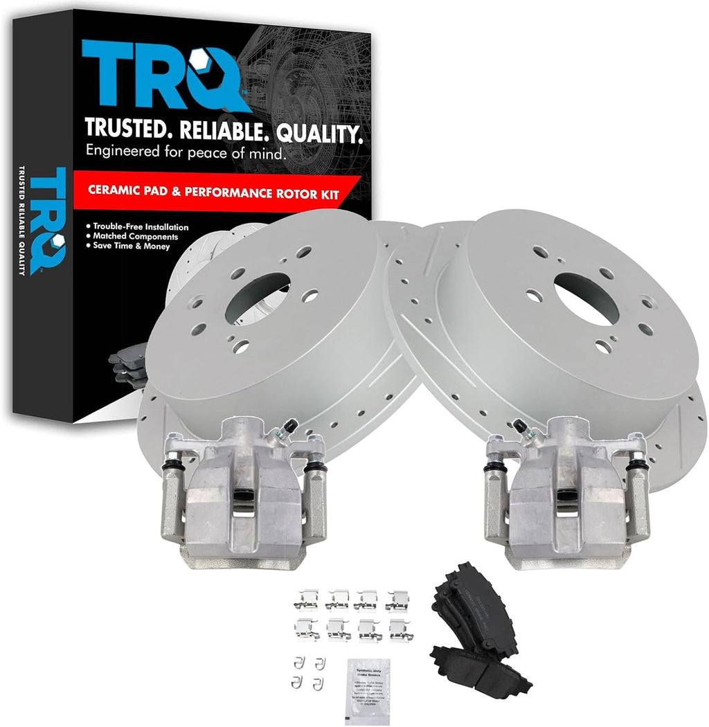 TRQ Performance Rear Brake Pad and Rotor Set Ceramic Drilled Slotted Coated Rotors Calipers Compatible with 2011-2018 Toyota Sienna 2014-2018 Highlander 2010-2015 Lexus RX350 2012-2015 RX450h