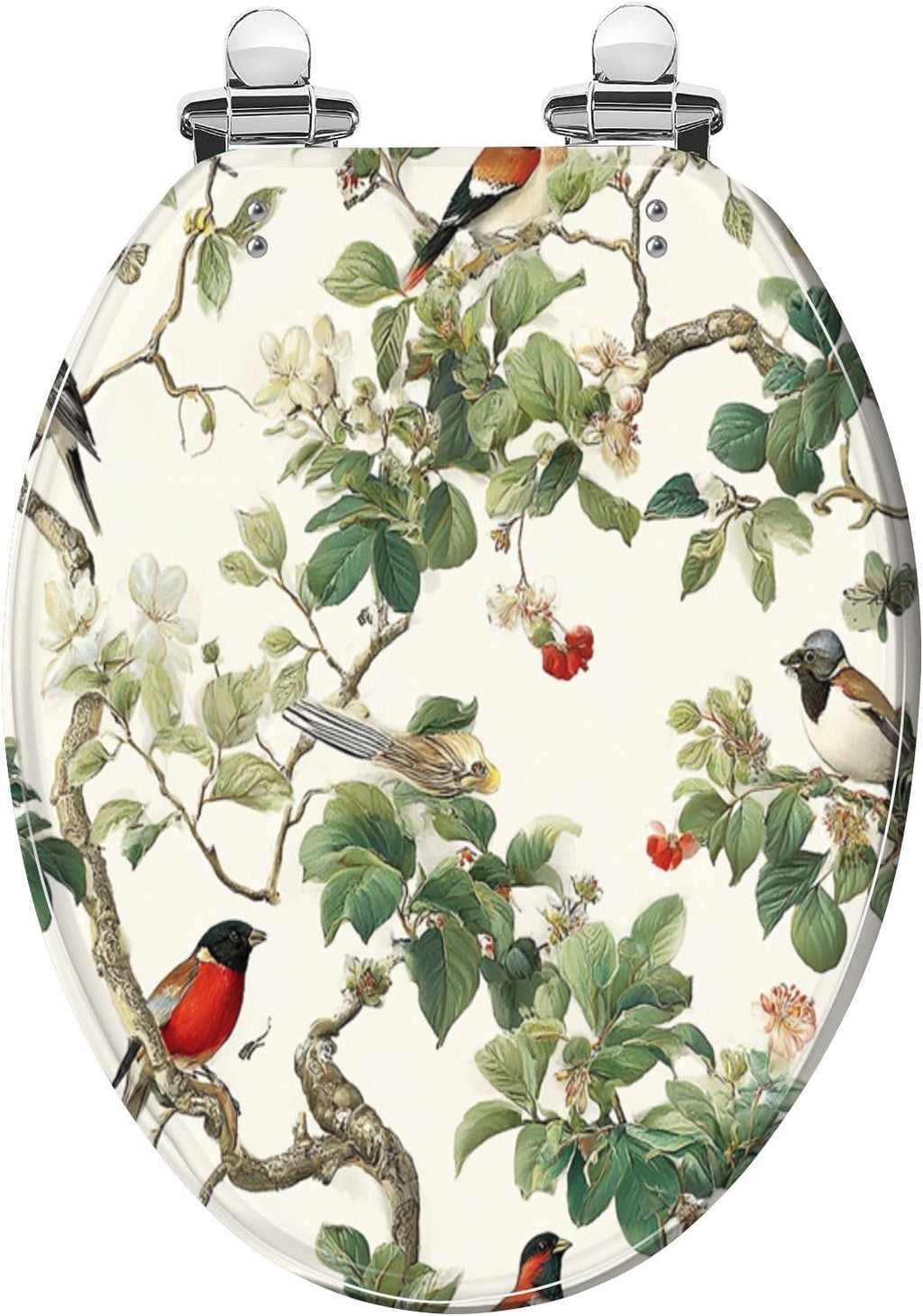Elongated Toilet Seat Botanical Birds Floral Branches Vibrant Green Leaves Delicate Blooms Resin Toilet Seat Quietly Close Quick Release Hinges with Cover Bumpers Decorative Easy to Install Clean