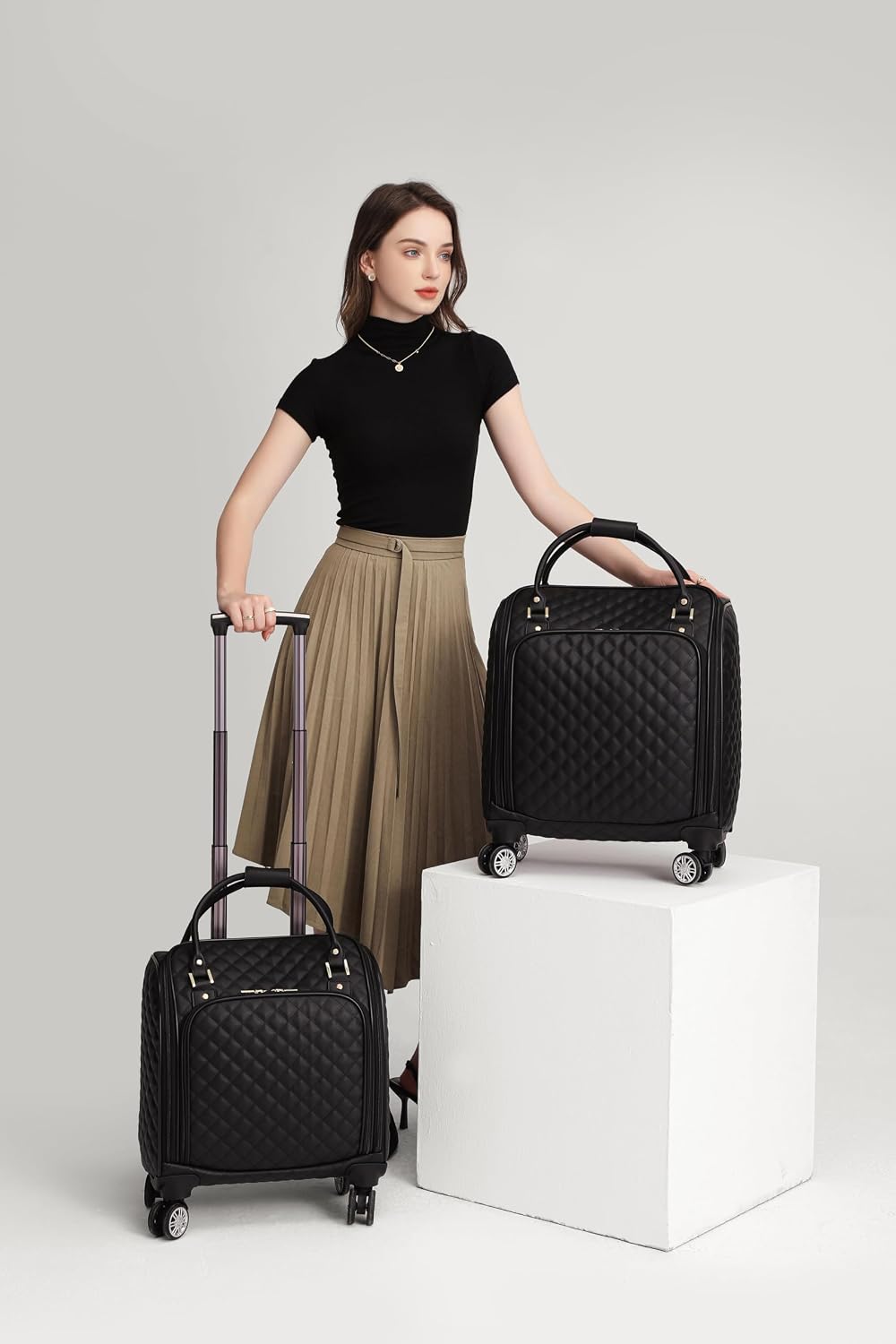 VH&GRED Luxury Carry on Luggage with Wheels Leather Suitcase 16-Inch Lightweight Travel Small Suitcase Diamond Stitching