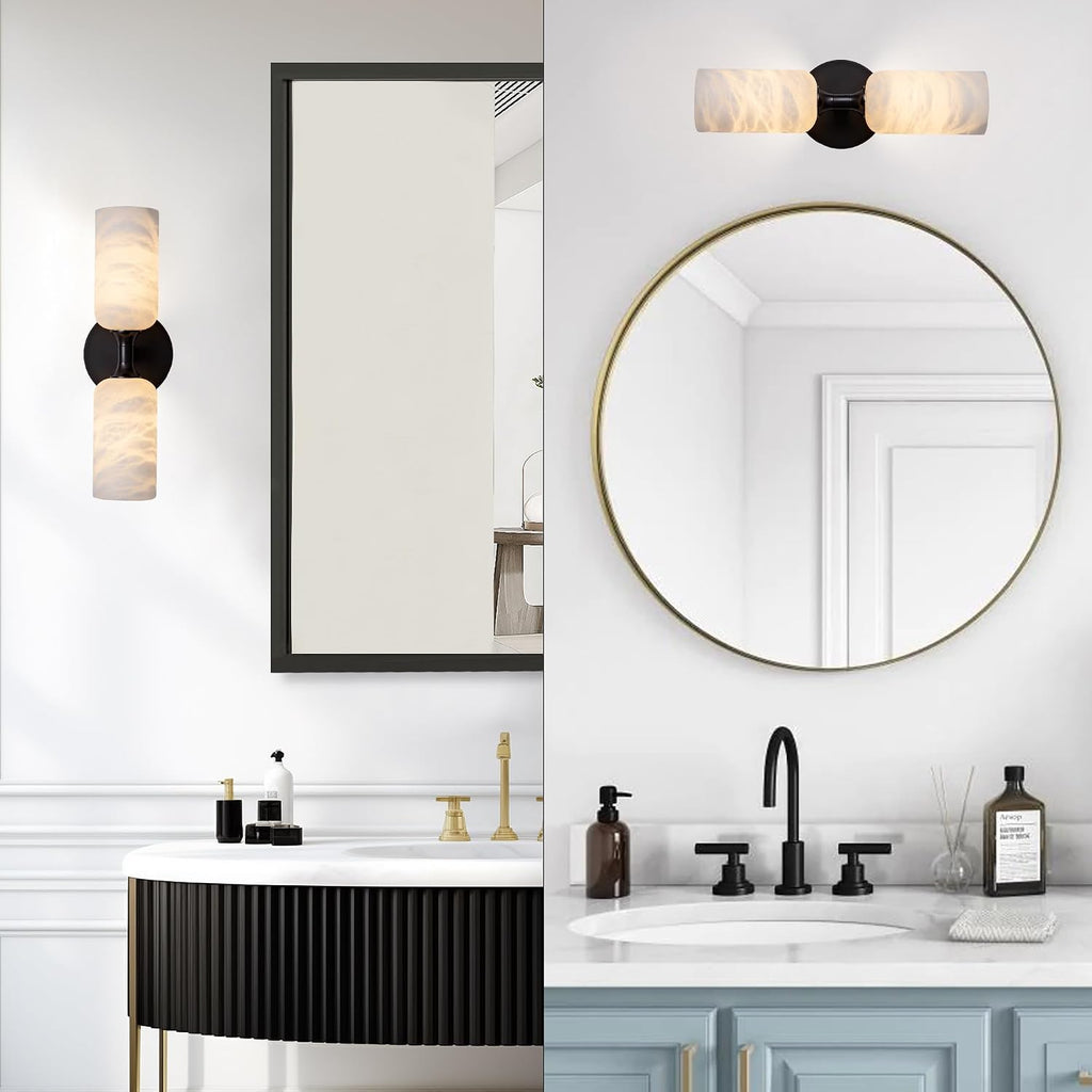 Alabaster Wall Sconce, 14in Modern Spanish Natural Marble Bathroom Vanity Sconces, Unique Indoor Black Wall Lighting Fixtures Decor for Bedroom Living Room Staircases