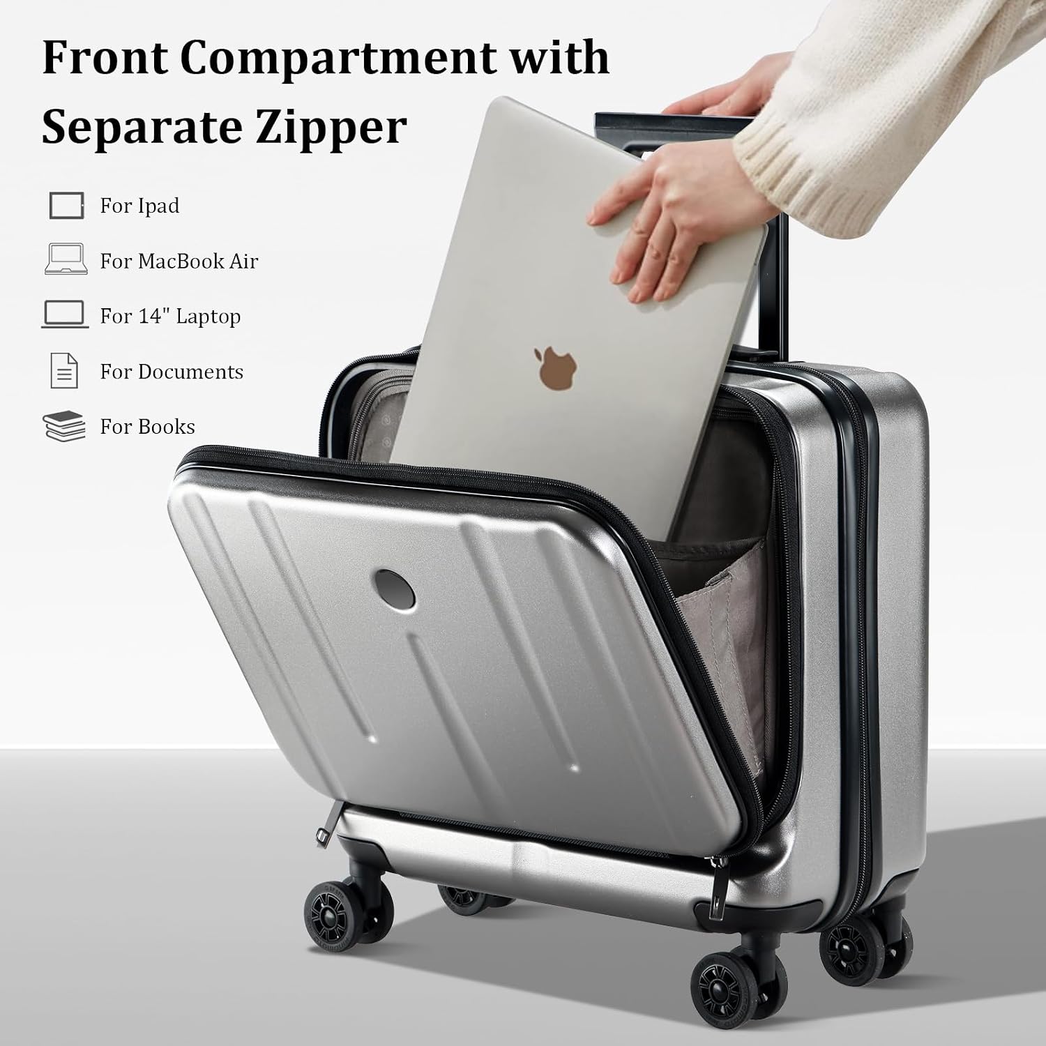 16 Inch Carry On Luggage with 2 Compartments for 14' & 15' Laptop, 16.14*8*17.12' Rolling Briefcase, Lightweight Hardshell ABS+PC Suitcase with Spinner Silent Wheels, for Business Trip, Dark Gray