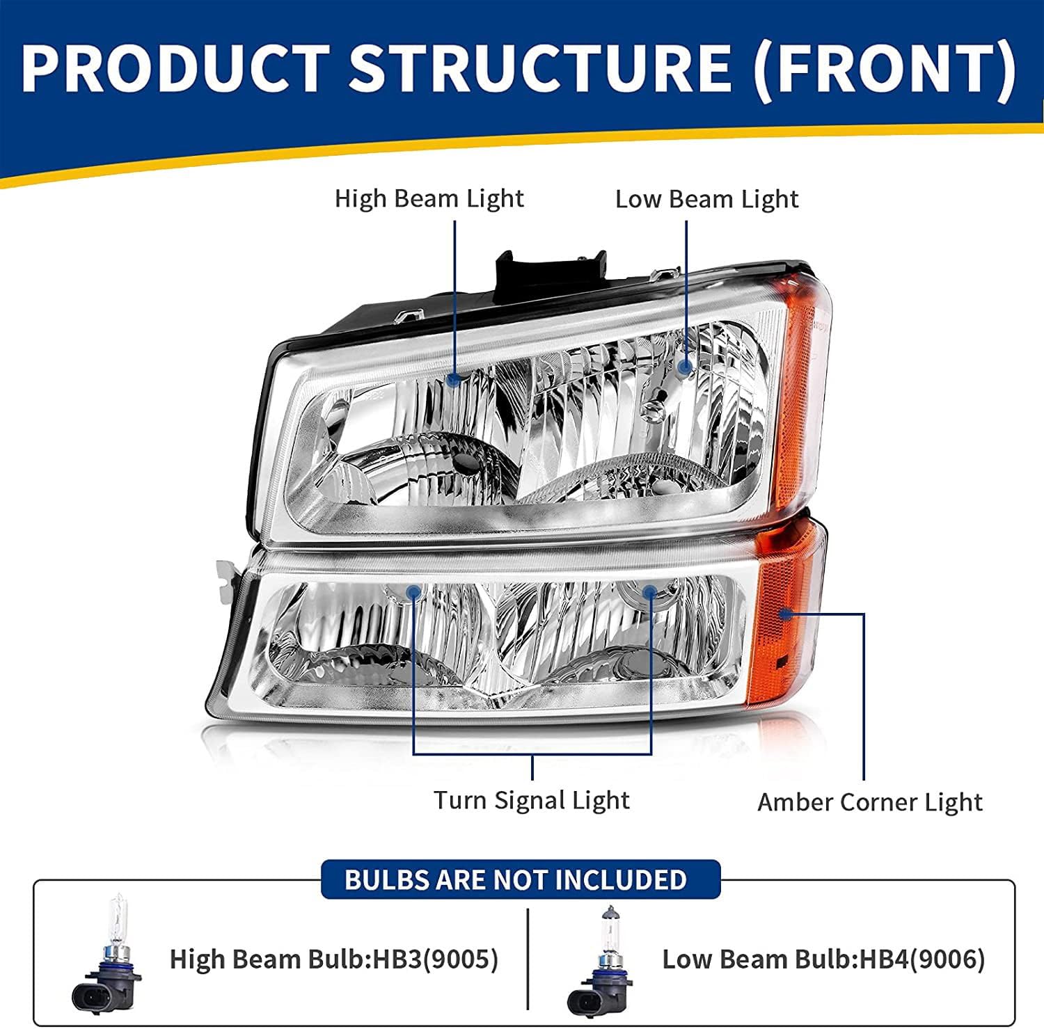 Headlights and Taillights Assembly Combo Kits for 2003-2006 Chevy Silverado 1500 2500 3500 & 2007 Chevy Silverado Classic Head Lamps/Red Rear Tail Brake Signal Lights Replacement (LH RH),Chrome Amber