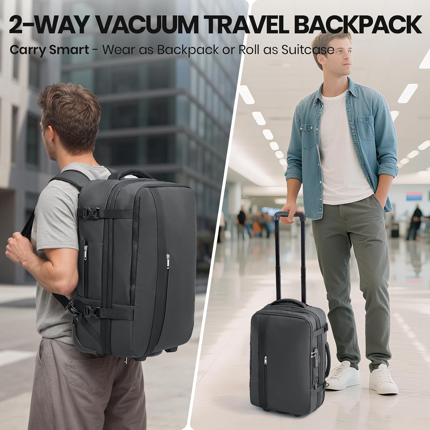 Fanwoli Vacuum Rolling Travel Backpack, Carry On Luggage with TSA Lock & Anti Theft Zipper, 70L Expandable Airbag Backpack with Compression Pump, Waterproof Laptop Bag Ideal for Flight & Business
