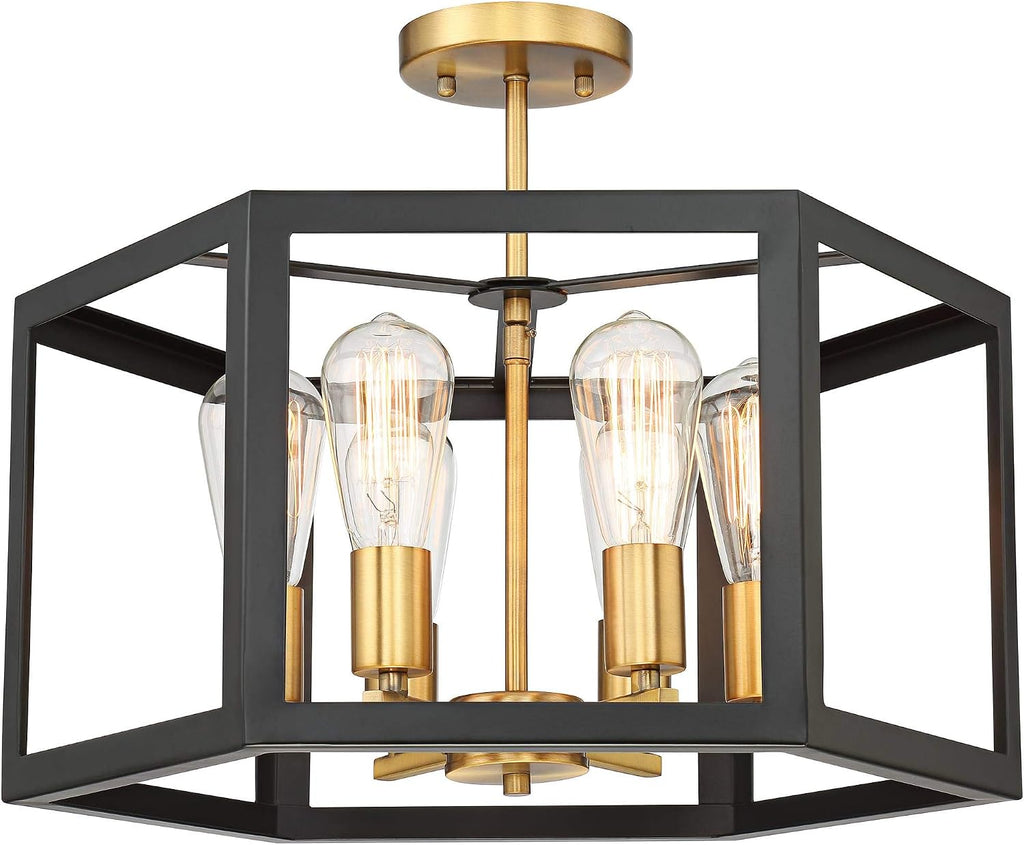 Possini Euro Design Beni Industrial Rustic Farmhouse Ceiling Light Semi Flush-Mount Fixture 20' Wide Antique Bronze Gold 6-Light Open Pentagon Frame for Bedroom Kitchen Living Room Hallway Dining