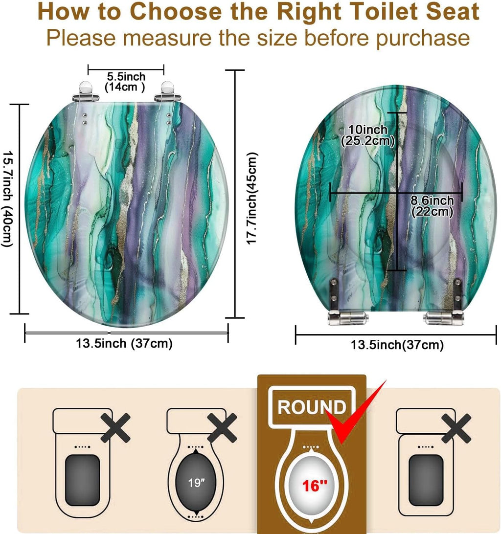 Round Toilet Seat Luxury abstract fluid art technique Transparent vertical layers green Resin Toilet Seat Quietly Close Quick Release Hinges Decorative Toilet Seat with Cover Easy to Install, Style 1