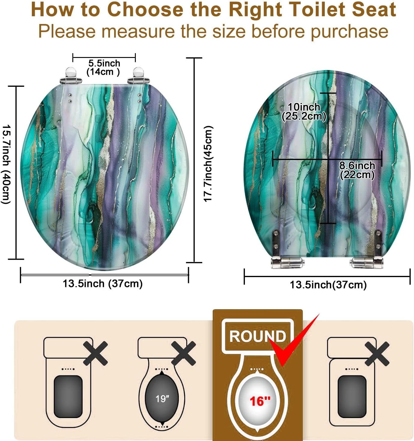 Round Toilet Seat Luxury abstract fluid art technique Transparent vertical layers green Resin Toilet Seat Quietly Close Quick Release Hinges Decorative Toilet Seat with Cover Easy to Install, Style 1