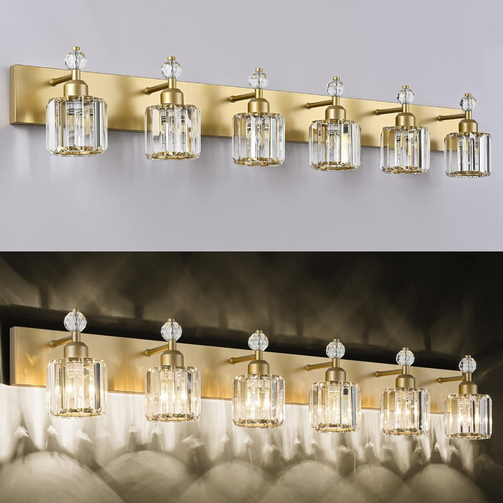 PRESDE Crystal 6 Light Bathroom Vanity Lights Gold Vanity Light for Bathroom Over Mirror Modern Wall Sconce