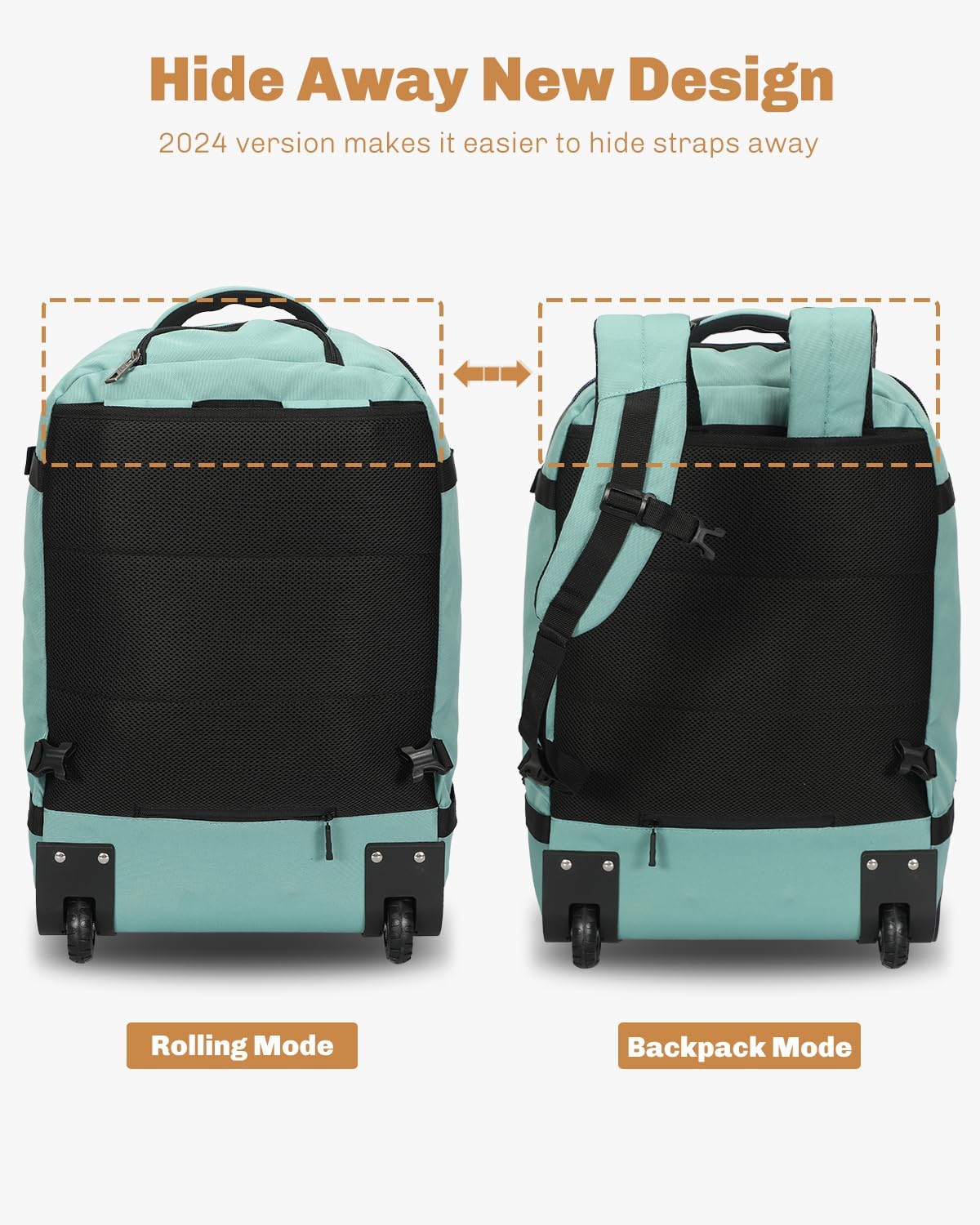 Hynes Eagle Rolling Backpack 42L Backpack with Wheels Airline Approved Carry on Luggage Laptop Travel Suitcase Bag for Women Men Mint Green