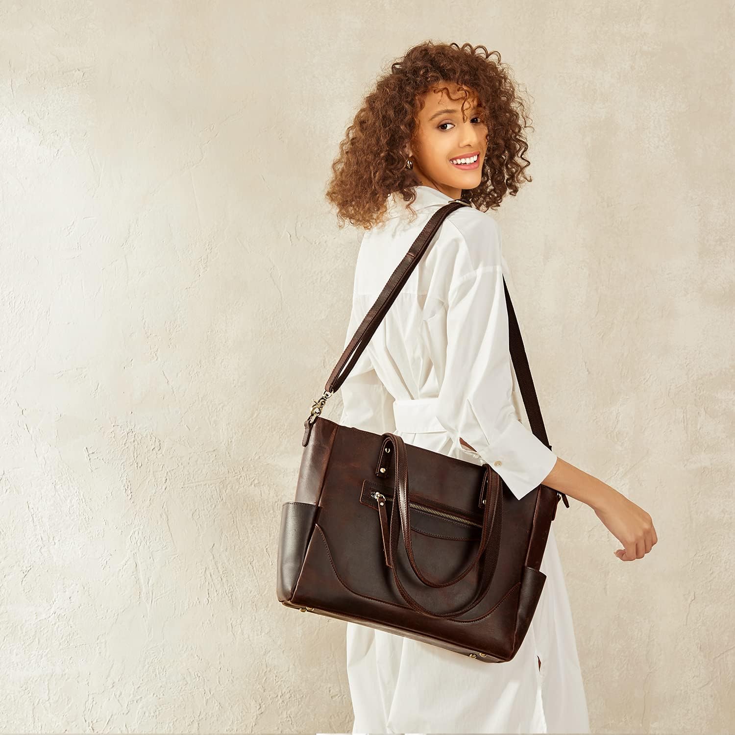 S-ZONE Genuine Leather Tote Bag for Women Large Shoulder Purses Work Handbags with Crossbody Strap Vintage