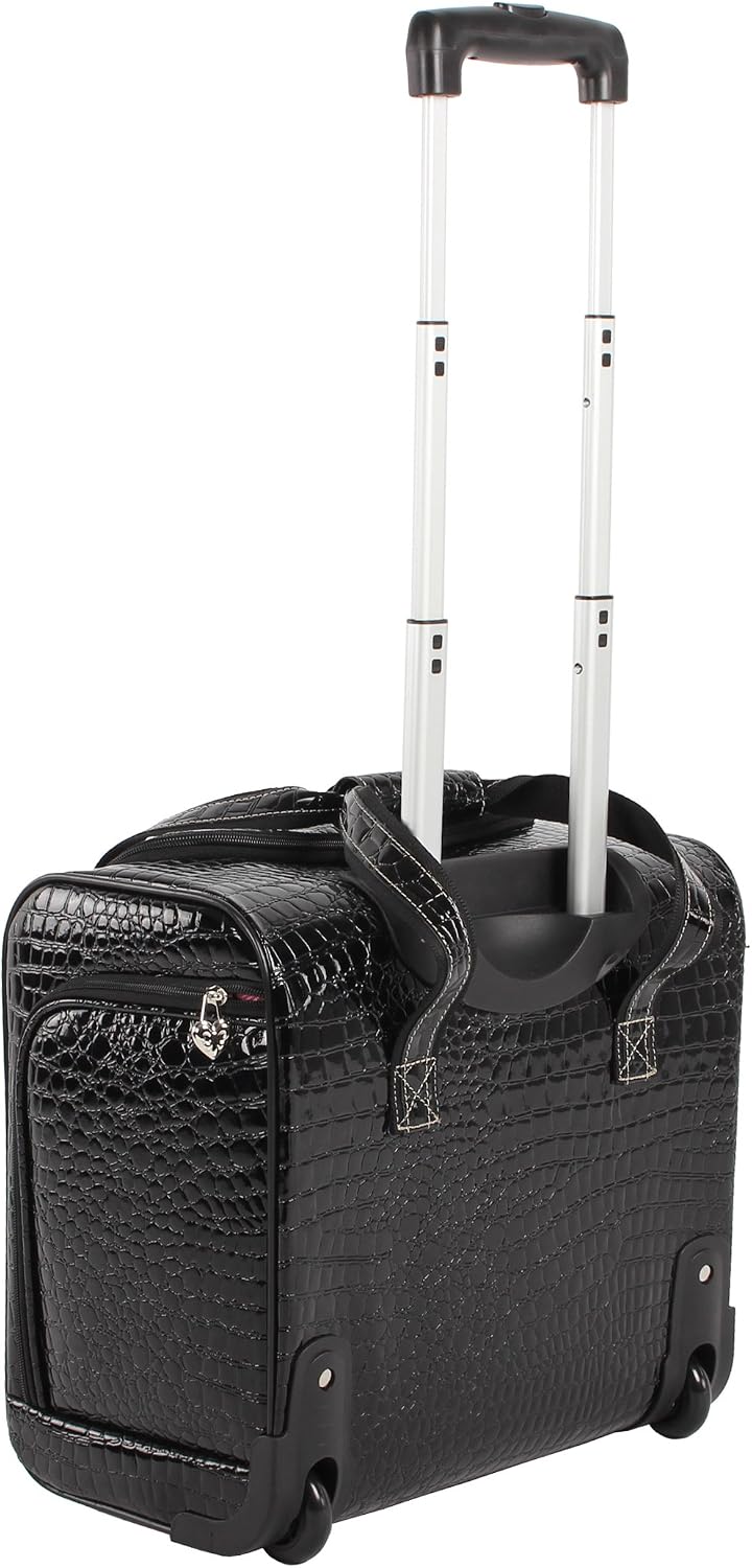 Kathy Van Zeeland Croco PVC Designer Underseat Luggage - 15 Inch Carry On Suitcase for Women- Lightweight Under Seat Bag with 2-Rolling Spinner Wheels (Black)