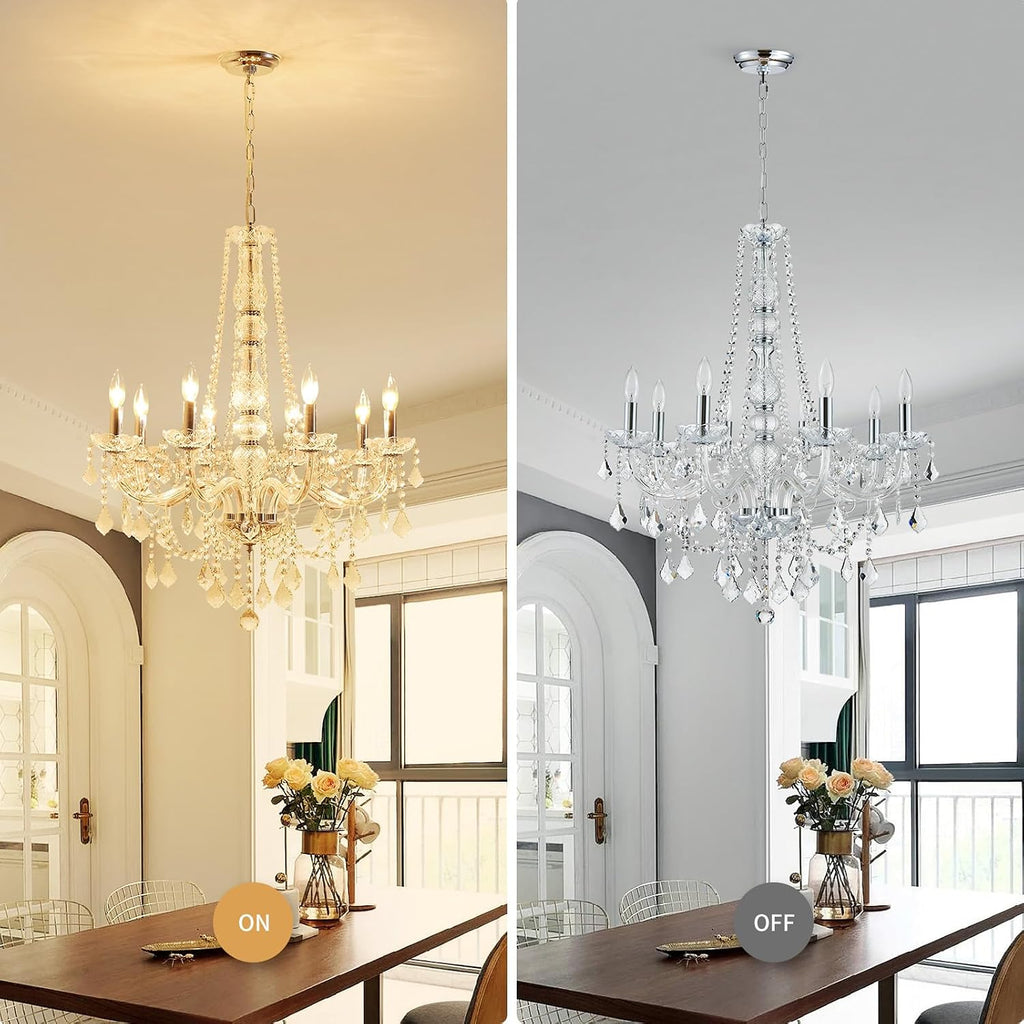WUZUPS 8-Light Crystal Candle Chandelier Pendant Ceiling Light Modern Lighting Fixture for Bedroom Hallway Bar Kitchen Bathroom, H 35.4' W 27.6', E12 Base, Chrome