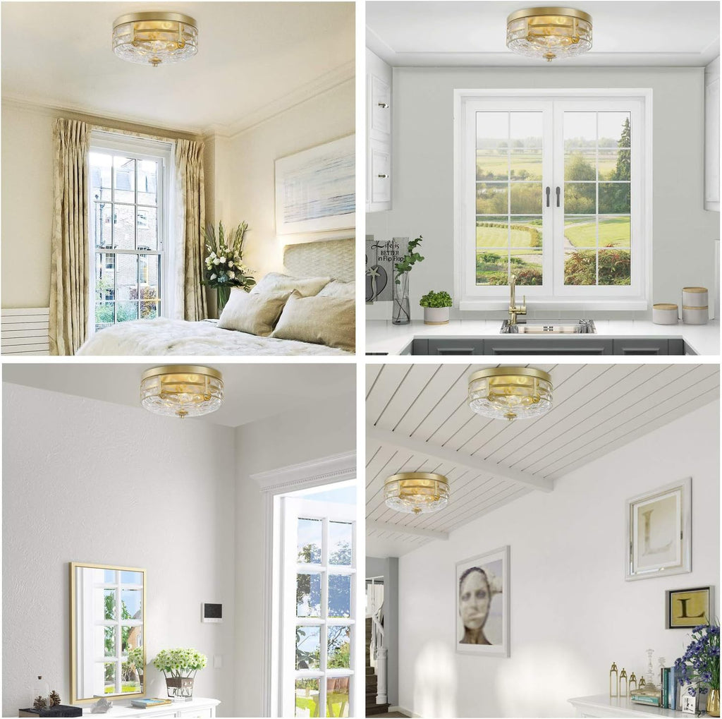 KSANA Gold Modern Flush Mount Ceiling Light Fixture with Water Ripple Glass for Bedroom, Hallway, Kitchen, Dining & Living Room, Foyer and Bathroom
