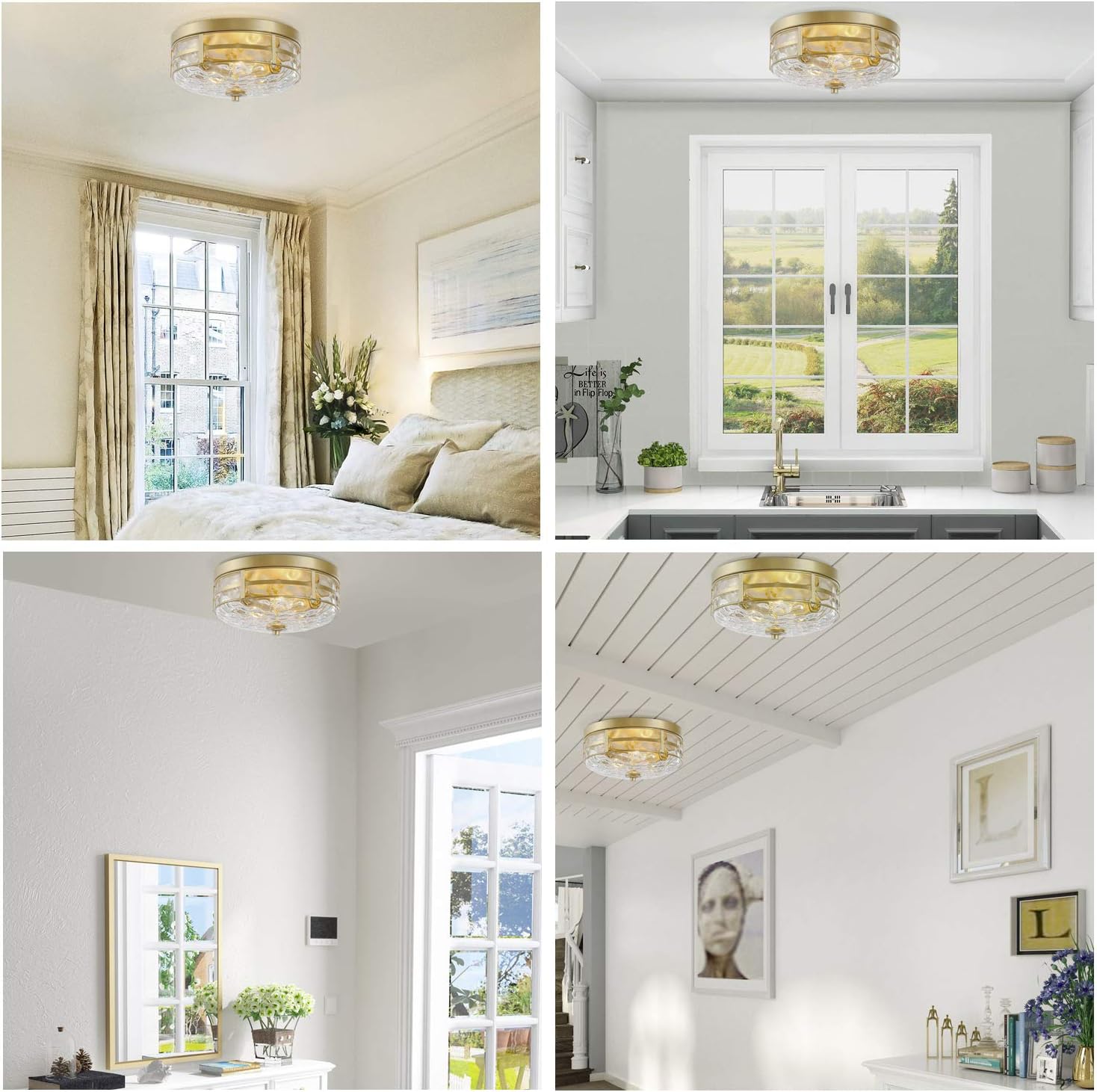 KSANA Gold Modern Flush Mount Ceiling Light Fixture with Water Ripple Glass for Bedroom, Hallway, Kitchen, Dining & Living Room, Foyer and Bathroom