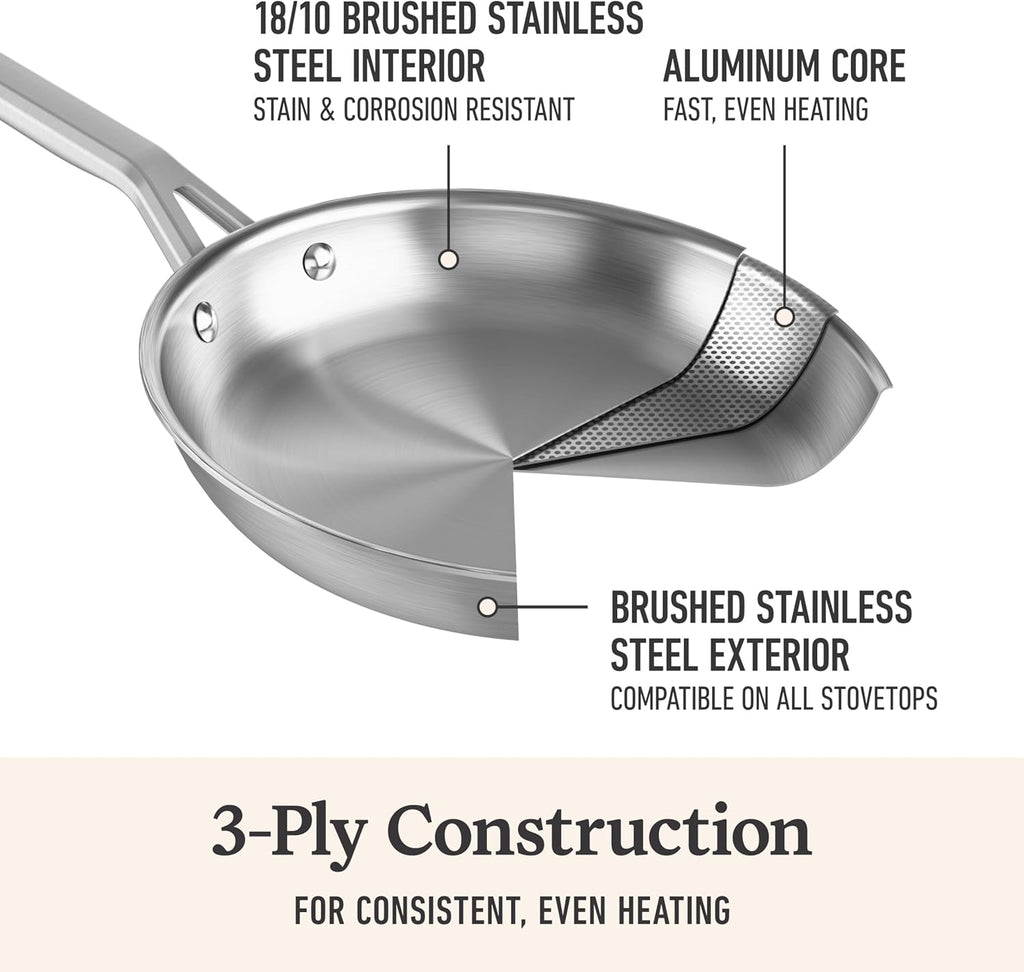 Calphalon Brushed 3-Ply Stainless Steel Cookware Set w/Turbo Heat Tech 10 Piece Includes Frying Pans, Pots and Pans Set, Induction, Oven Safe 450F, Brushed Stainless Silver