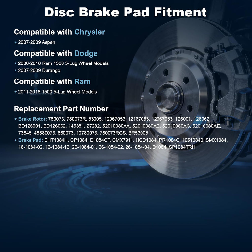 Front Drilled and Slotted Disc Brake Rotors & Ceramic Brake Pads Kit Fit for Chrysler 2007-2009 Aspen; for Dodge 2007-2009 Durango, 2006-2010 Ram 1500; for Ram 2011-2018 1500#53005 D1084
