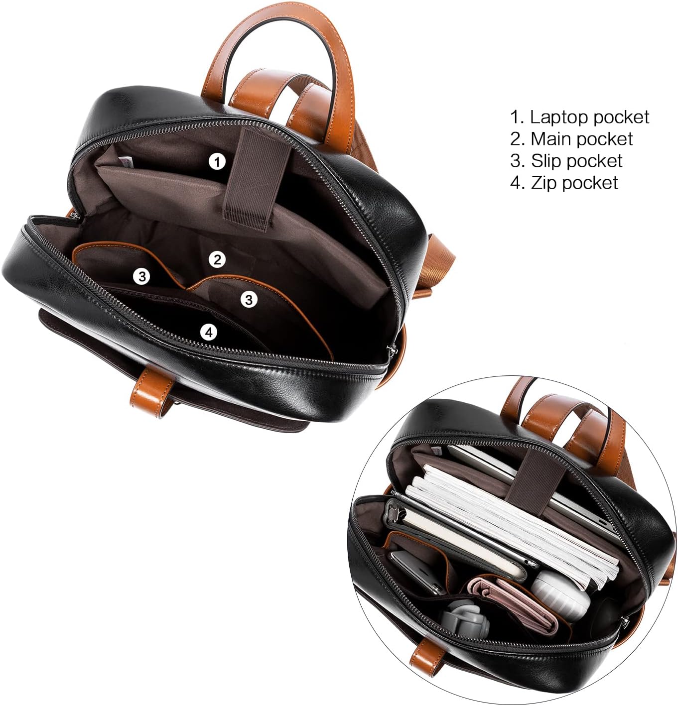 BOSTANTEN Leather Laptop Backpack for Women,15.6 inch Computer Backpack Purse College Daypack Work Travel Bag Black-brown