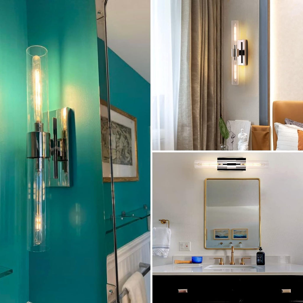 Chrome Wall Sconces, 22.8' Bathroom Sconces, Indoor Sconces Wall Lighting Up and Down, Nickel Wall Sconce Set of Two Dimmable, Vanity Lights for Bathroom with Tube, Glass Sconce for Bedroom, Staircase