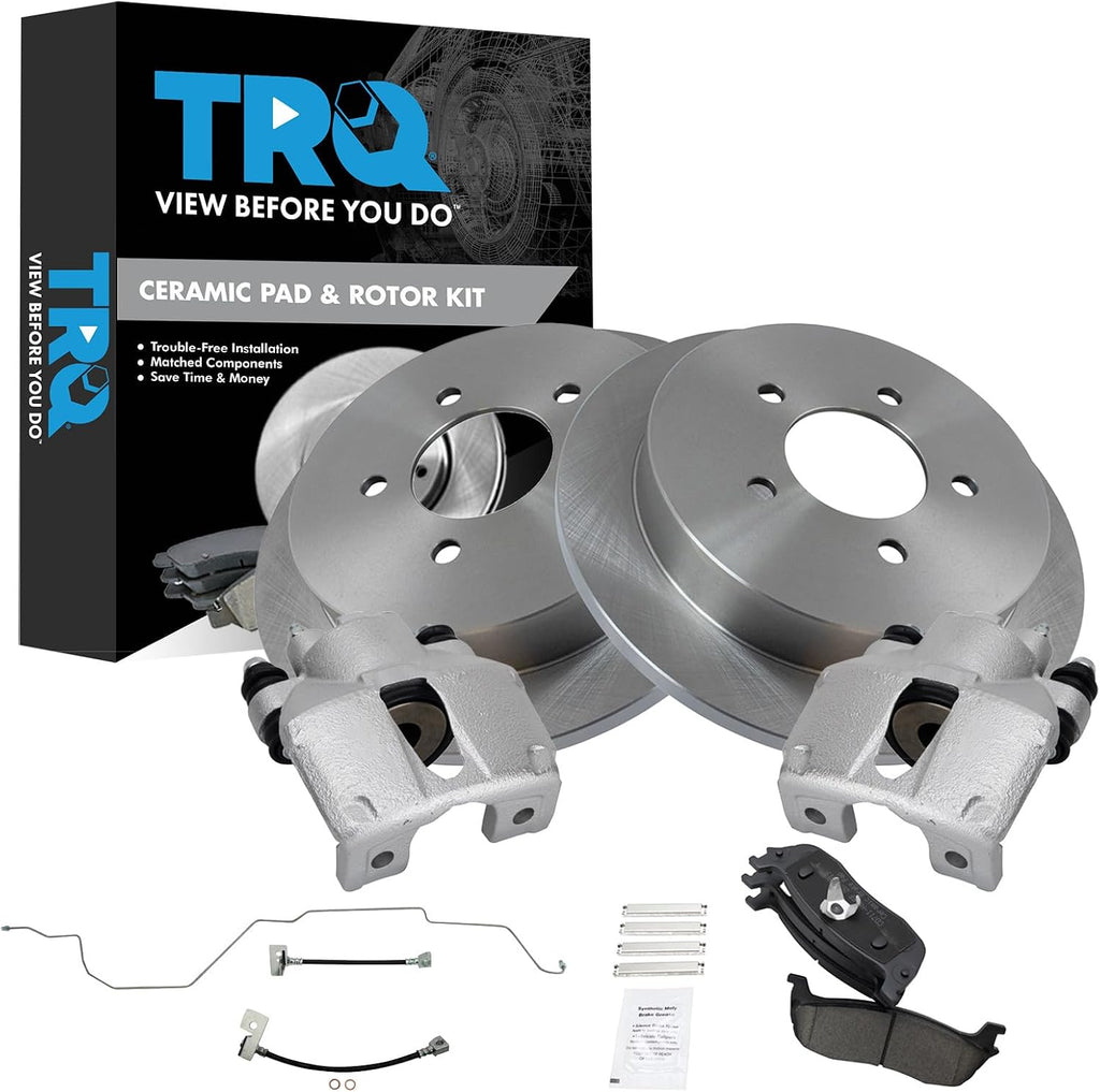 TRQ Rear Brake Pad and Rotor Set Ceramic Rotors Calipers Hoses Compatible with 1999-2003 Ford F-150 2004 F-150 Heritage