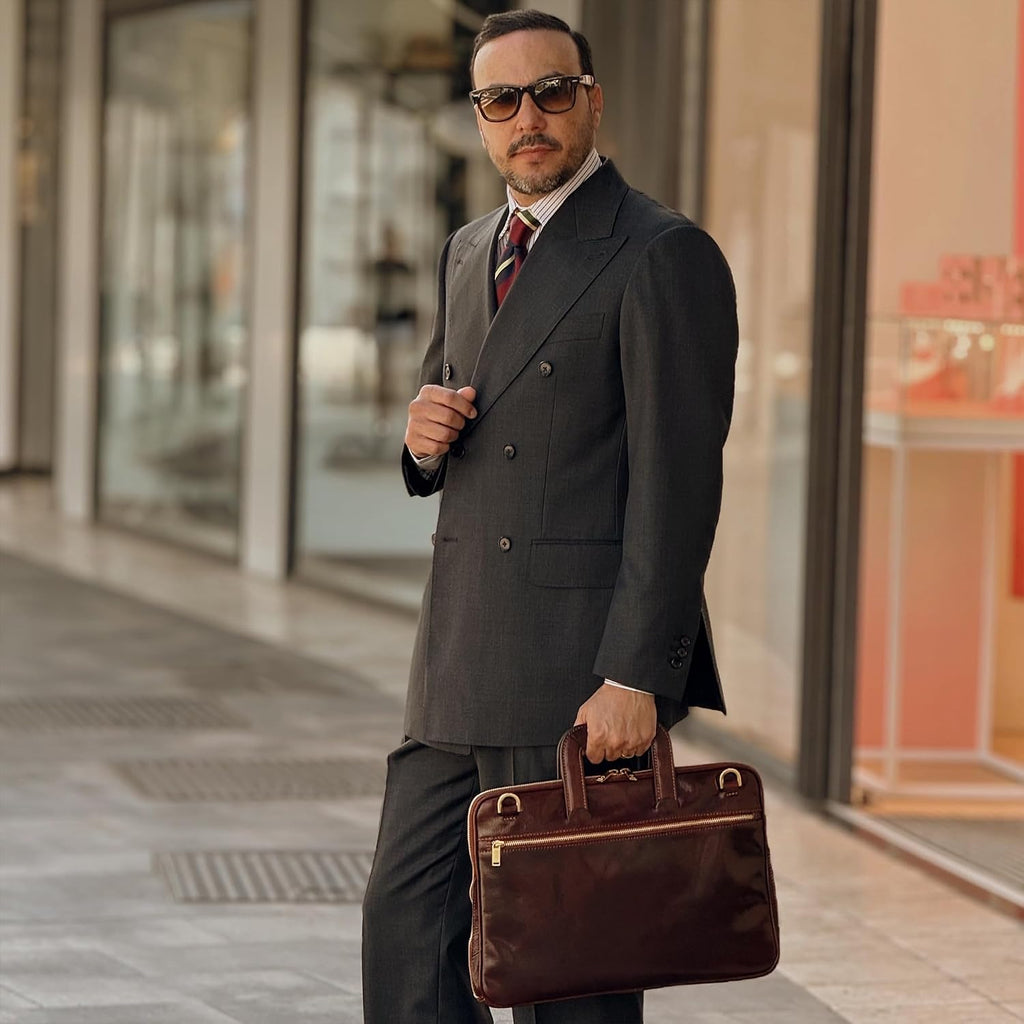 Time Resistance Slim Leather Briefcase - Italian Handmade Leather Computer Bag - Briefcase for Men and Women - Laptop Bag