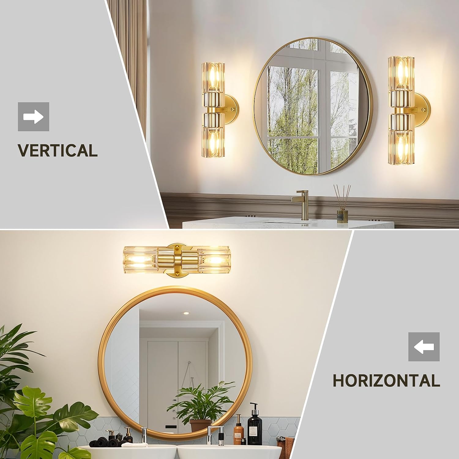 Crystal Wall Sconces Set of Two, 13'' Modern Brass Sconces Lighting with K9 Crystal Lampshade, Indoor Large Brass Wall Light Fixtures for Living Room Bathroom Hallway Stairs Bedroom