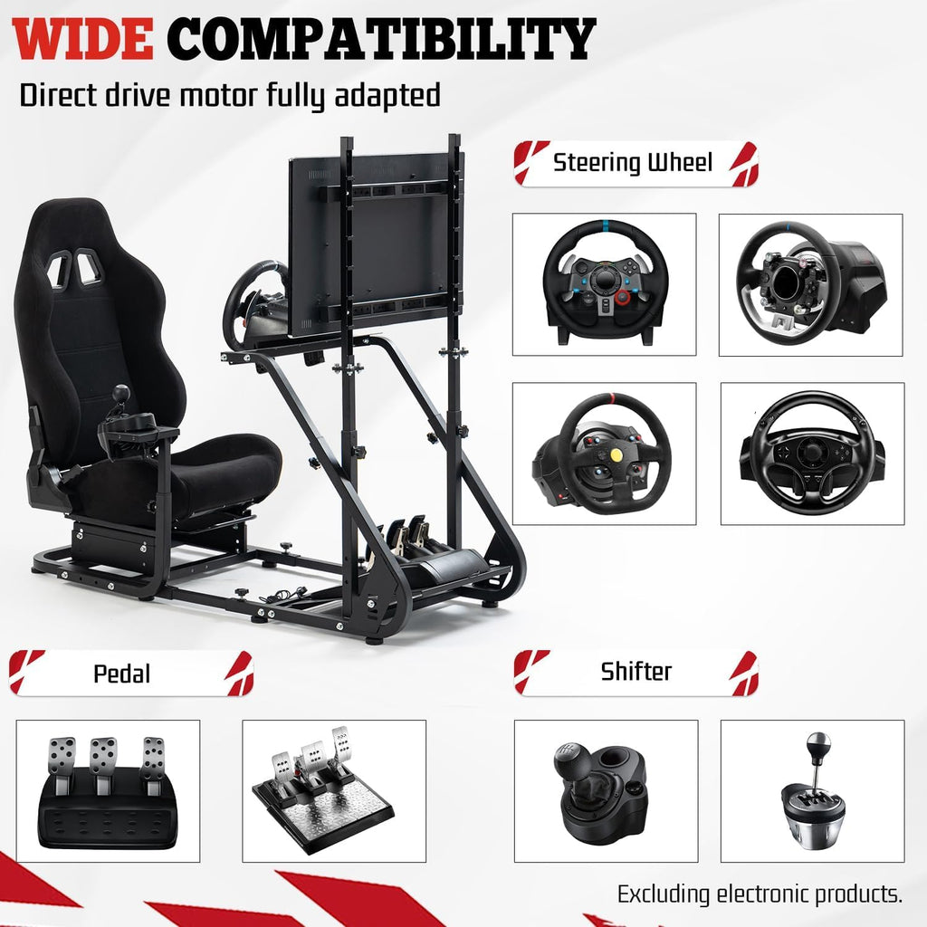 Supllueer Racing Simulator Cockpit with TV Mount and Gaming Seat Fit for Logitech GPRO G920 G923, for Thrustmaster T128 T300, Sim Driving Stand Without Steering Wheel/Pedal/Shifter/TV