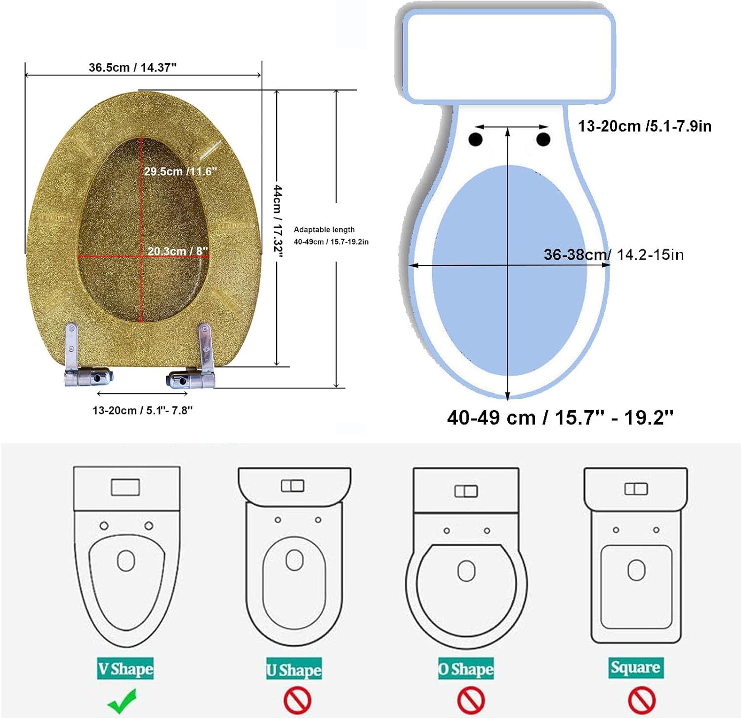 Elongated Resin Toilet Seat with Soft Close, Easy Clean, and 360° Adjustable Hinges - Quick Release Heavy Duty with Glitter Cover in Silver (Gold) and Pink
