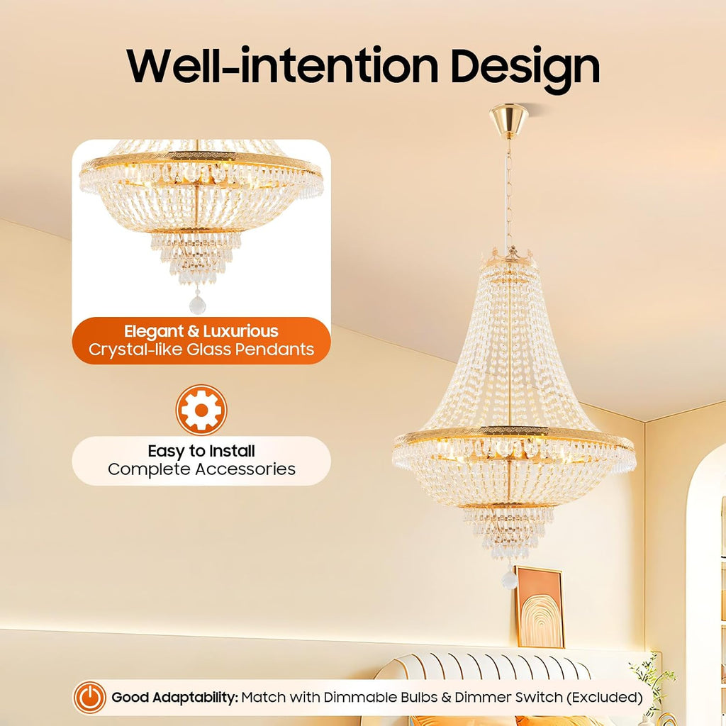 Luxury Crystal Chandelier, Modern Gold/Silver French Empire Crystal Ceiling Chandelier LED Ceiling Light Fixture Lamp Hanging Lighting Home Decor Lamp for Living Room Bedroom Foyer (Gold)