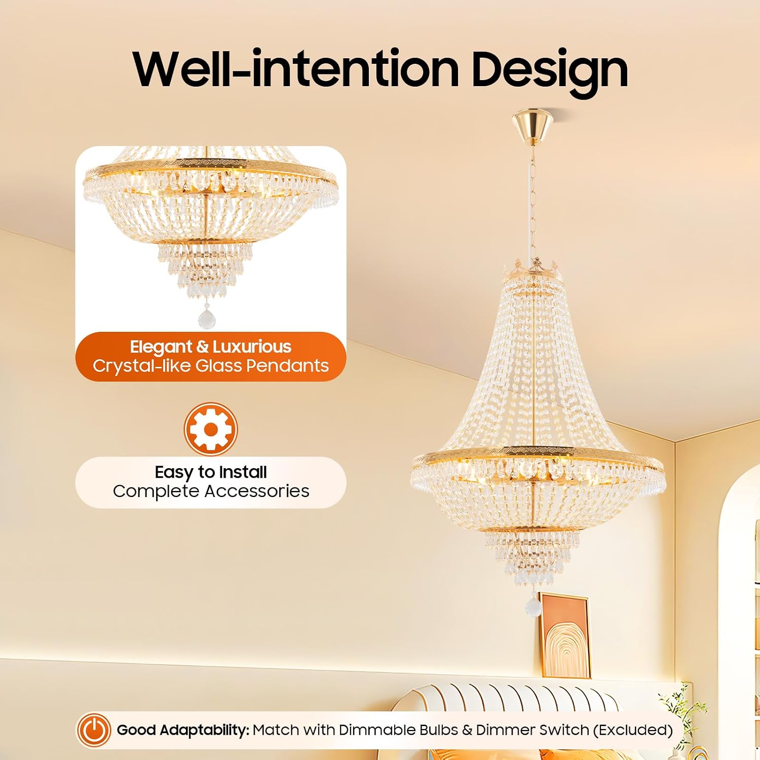 Luxury Crystal Chandelier, Modern Gold/Silver French Empire Crystal Ceiling Chandelier LED Ceiling Light Fixture Lamp Hanging Lighting Home Decor Lamp for Living Room Bedroom Foyer (Gold)