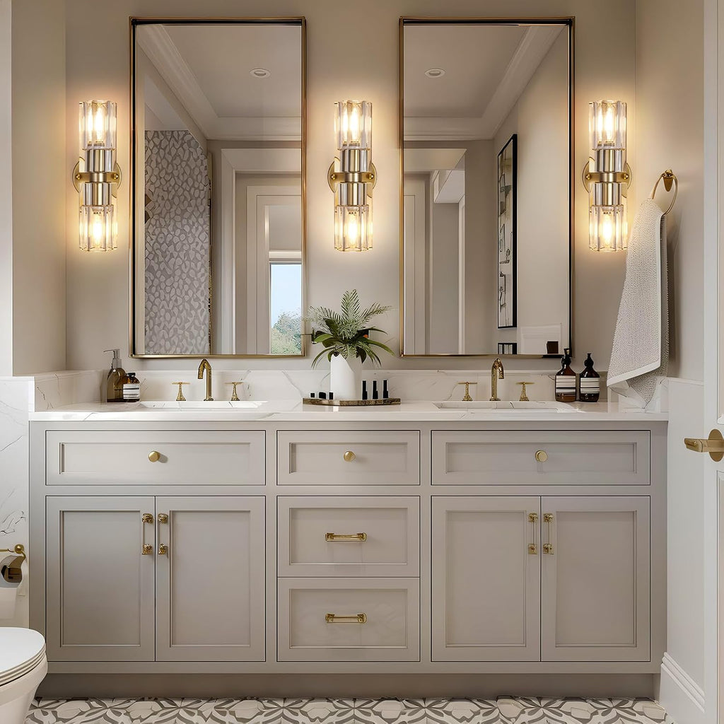 Gold Wall Sconce, Modern Bathroom Sconces Wall Lighting Vanity Light Fixtures with Clear Crystal, Hardwired Brushed Brass Wall Mount Lights for Living Room Corridor Mirror Bedroom Stairs