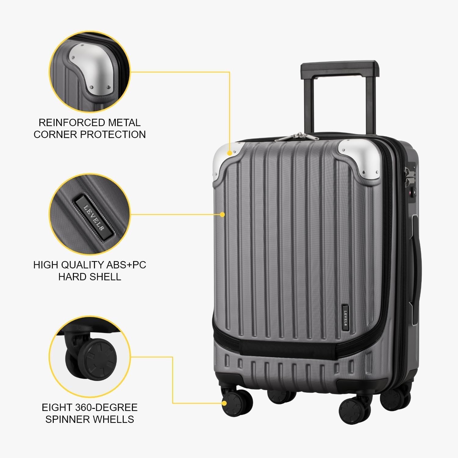 LEVEL8 Grace Carry on Luggage 22x14x9 Airline Approved, 20 Inch Hard Shell Suitcases with Spinner Wheels, Abs+Pc Hard Case Luggages with Tsa Lock, Travel bag for Women Men, Grey