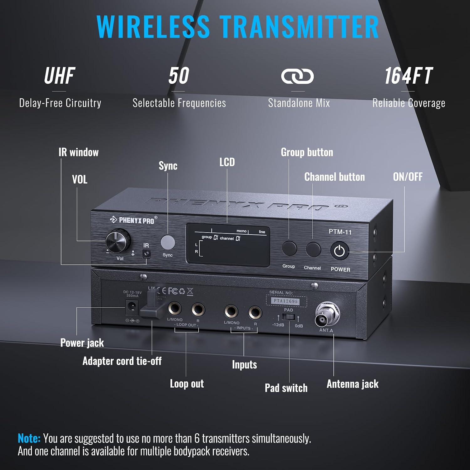 Phenyx Pro Wireless in Ear Monitor System,Dual in Ear Monitors for Musicians, Mono Stage Monitor, Metal IEM w/ 2 Bodypacks, 50 UHF Frequencies, Rack Mount, 164ft Range, for Studio/Band (PTM-11-2B)