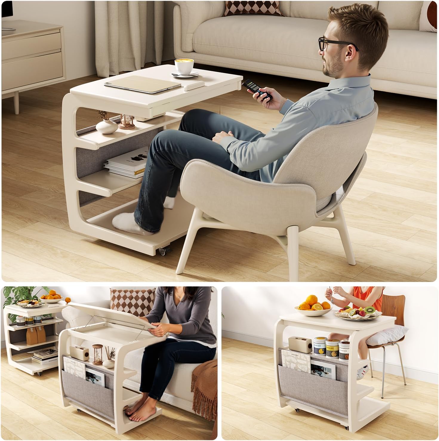 AQIMUELE Rolling Side Table, C Shaped End Table, C Table with 4 Wheels Solid Wood Small Rolling Desk with Adjustable Desktop,C Shaped End Table for Couch,Home Office(15.6' D x 23.6' W x 24.3' H)