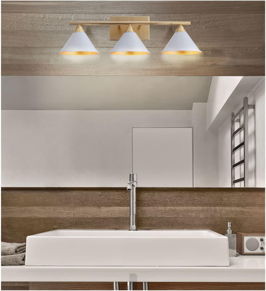 JONATHAN Y 25' White/Gold Modern Metal Vanity Light Wall Sconce for Bathroom Mirror, Bedroom, Hallway, White Metal Cone Shade, UL Listed, Hardwired, LED Bulb Included (JYL9014A)