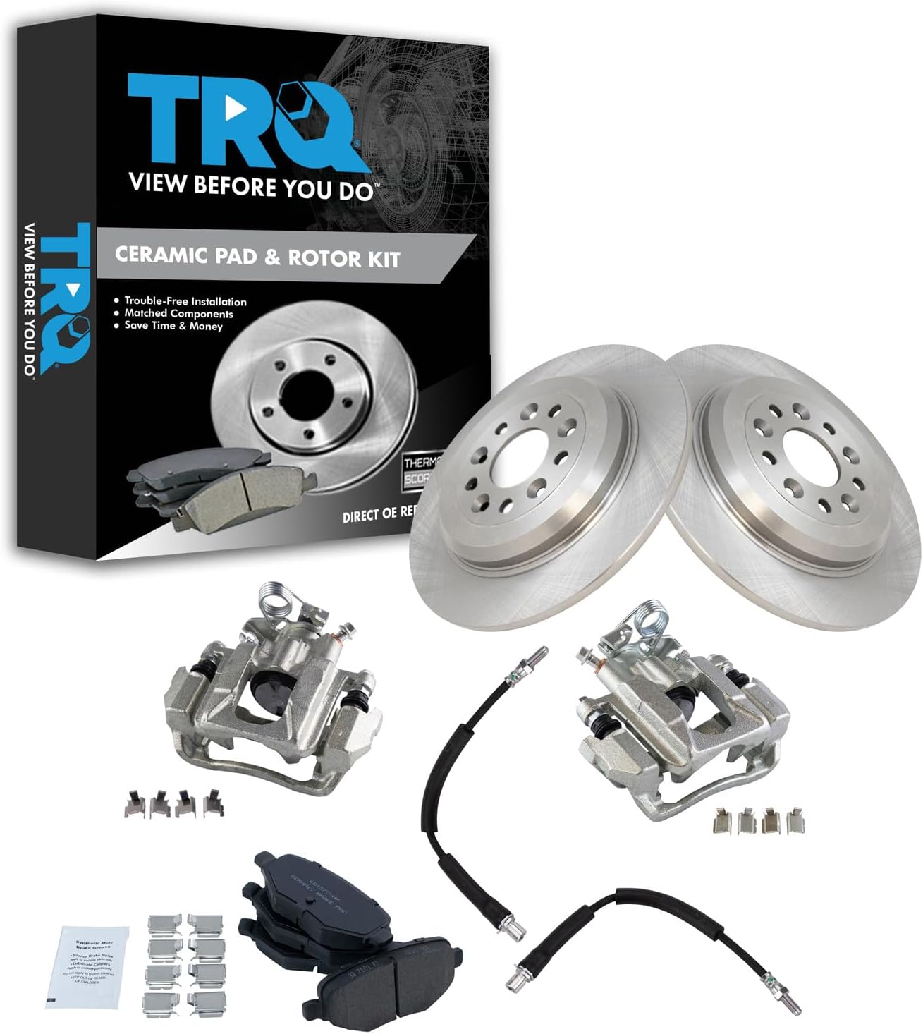 TRQ Rear Brake Pad and Rotor Set Ceramic Rotors Calipers Hoses Compatible with 2010-2012 Ford Flex 2013-2018 Taurus 2010-2013 Lincoln MKT