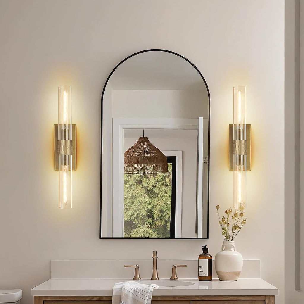 Wall Sconces Set of Two, Gold Bathroom Sconces Wall Lighting with Clear Glass, Modern Sconces Wall Decor Light Fixtures for Bathroom Mirror Living Room Hallway Bedroom